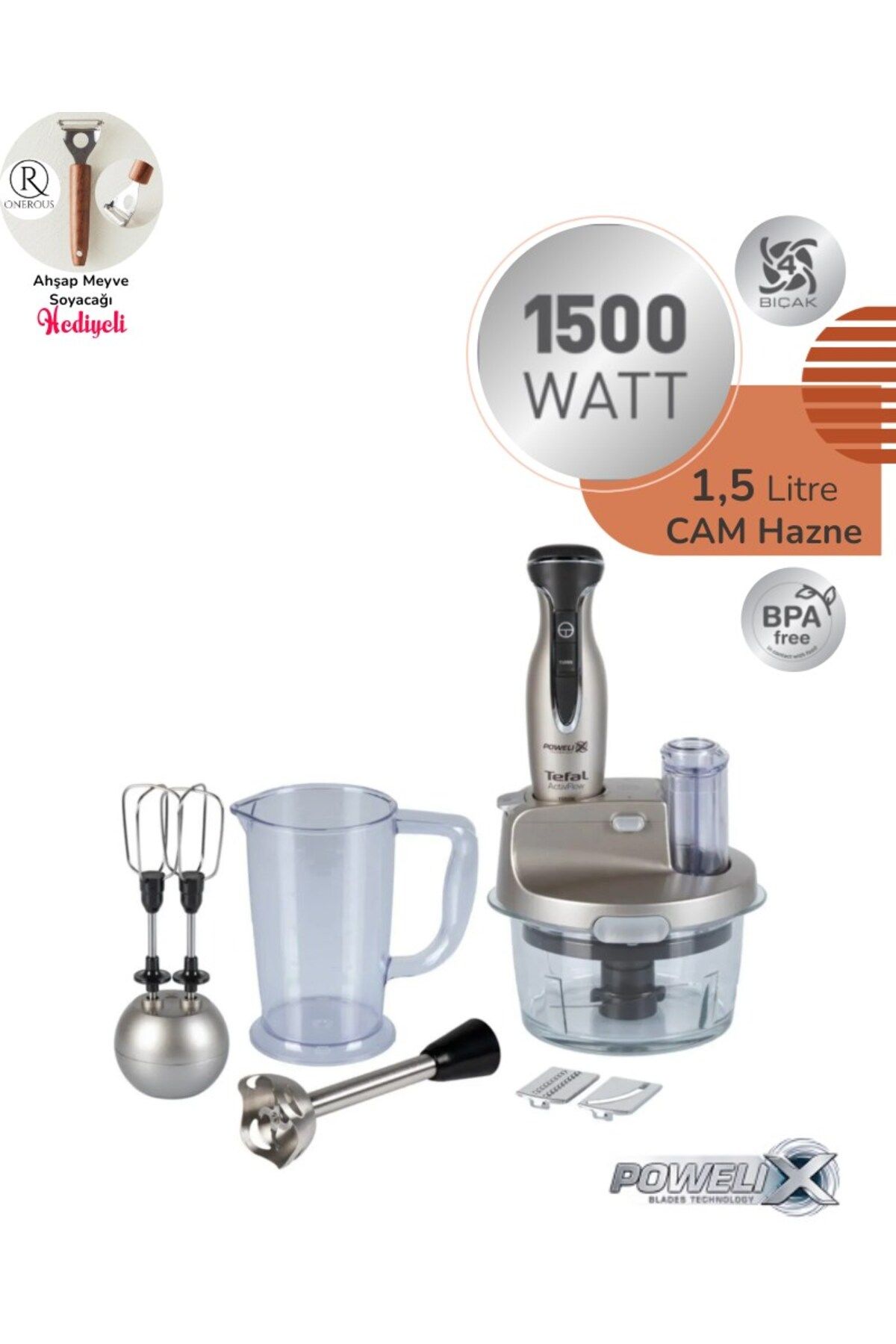 TEFAL Powelix 1500W Dilimleyici ve rende 4 Bıçaklı *1,5 Litre CAM Hazneli Blender & Mutfak Robotu