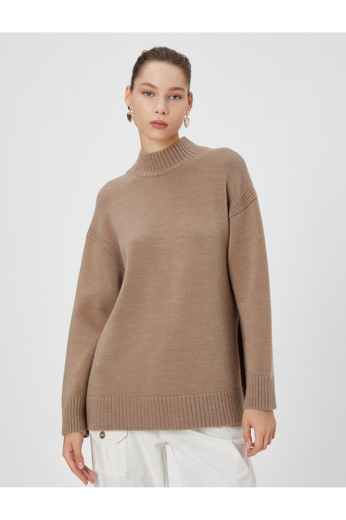 Koton-Soft Textured Asymmetrical Turtleneck Knitwear Tunik 3
