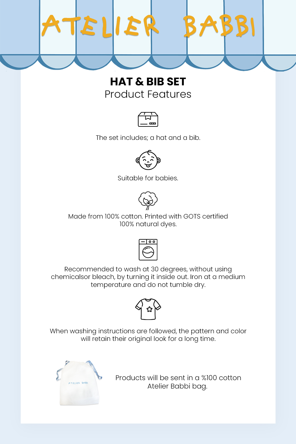 Atelier Babbi %100 Pamuk Yenidoğan Önlük & Şapka Seti - Kurşun Asker fotoğrafı 5 (önizleme)