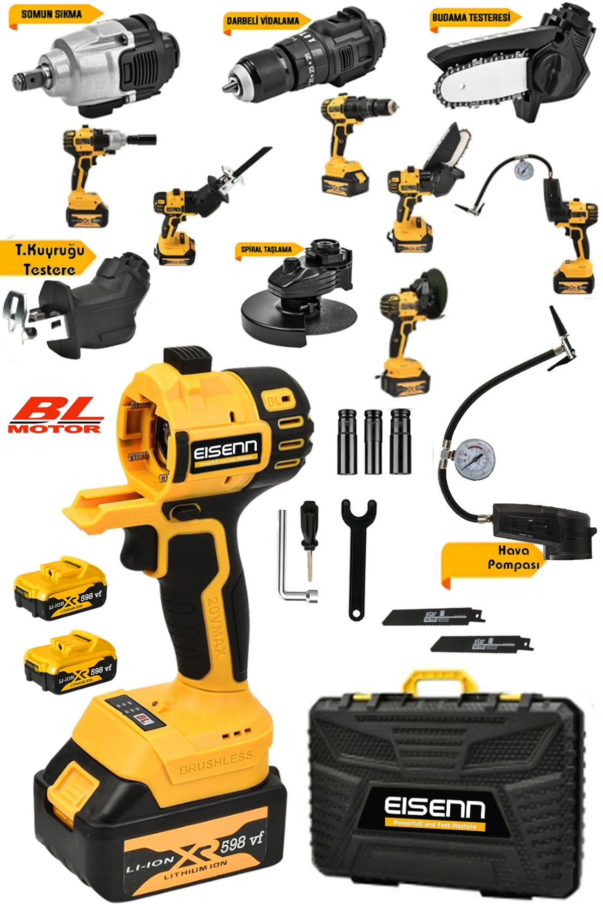 Eisenn Germany Bl Motor 6 Kafalı Set Darbeli Mat. Budama Mak Tilki Kuy. Taşlama Somun Sök. Hava Pompası