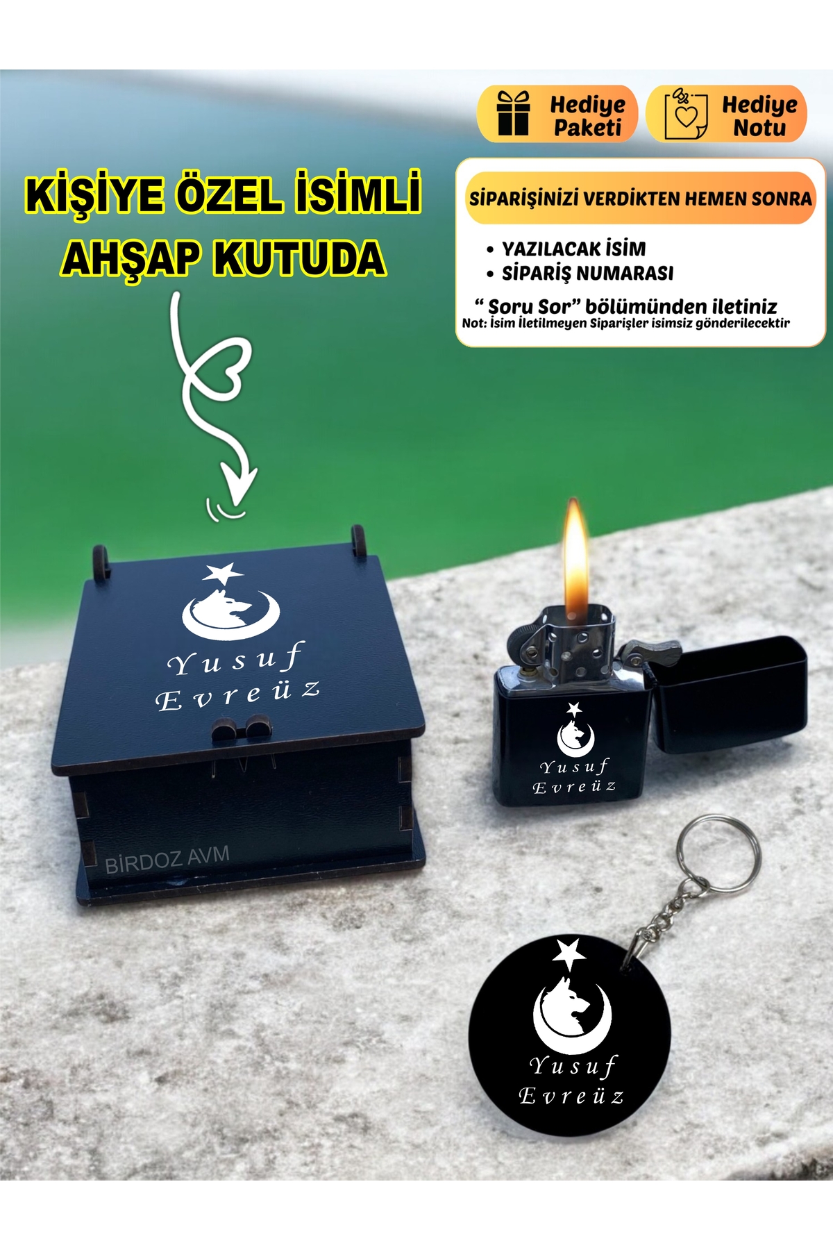 Personalized Name Souvenir Nationalist Crescent Black Gasoline Lighter And Keychain In Custom Wooden Box