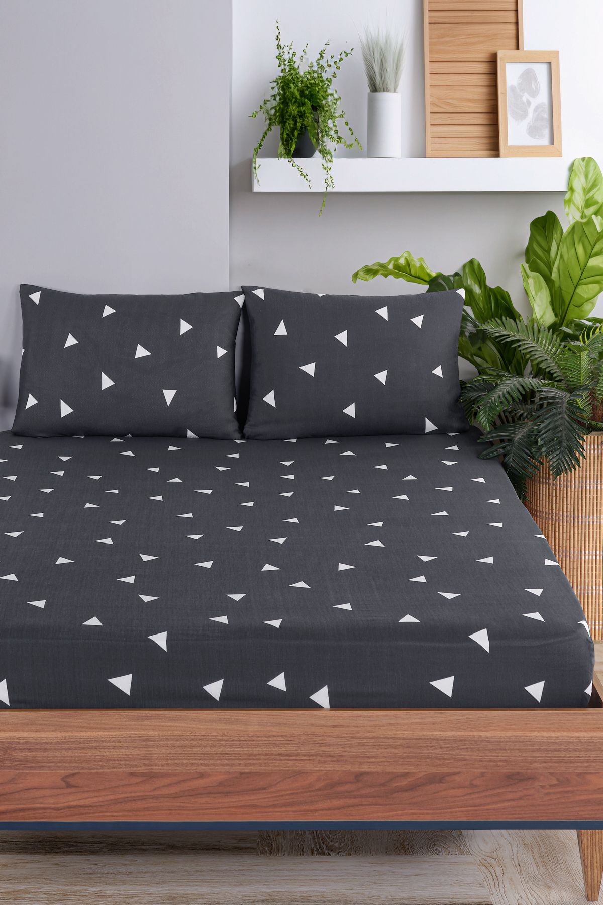 Eponj Home-Gray Double Triangle Pes Fitted Sheet Set 2