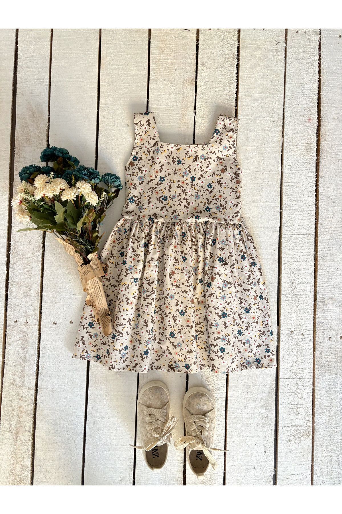 KÜÇÜĞÜM BUTİK Gri-kahve Çiçekli Askılı Kare Yaka Kız Çocuk Jile fotoğrafı 2 (önizleme)