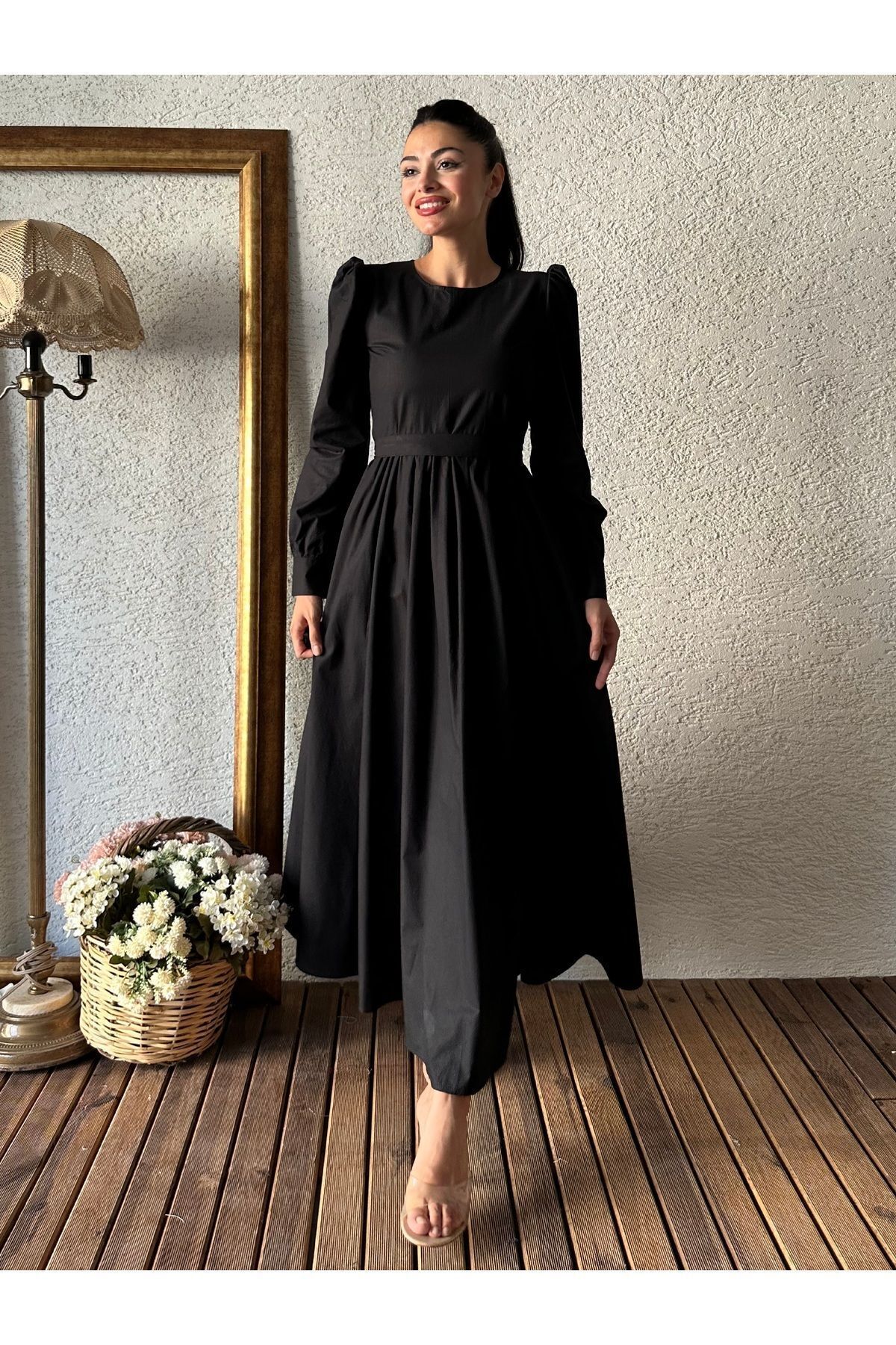 KÜÇÜĞÜM BUTİK-Black Poplin Hijab Dress - Flared Cut 1