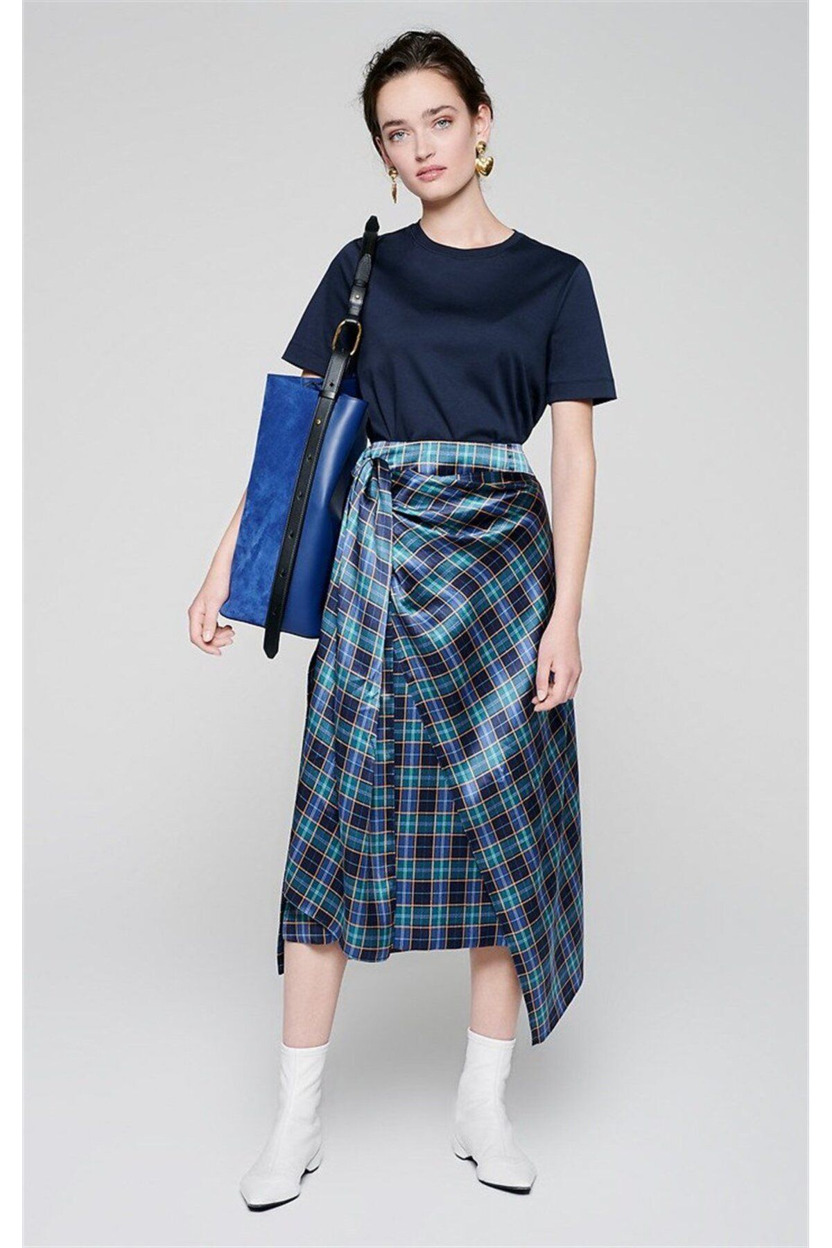 Escada-Waist Tied Square Patterned Midi Length Petrol Silk Skirt 1