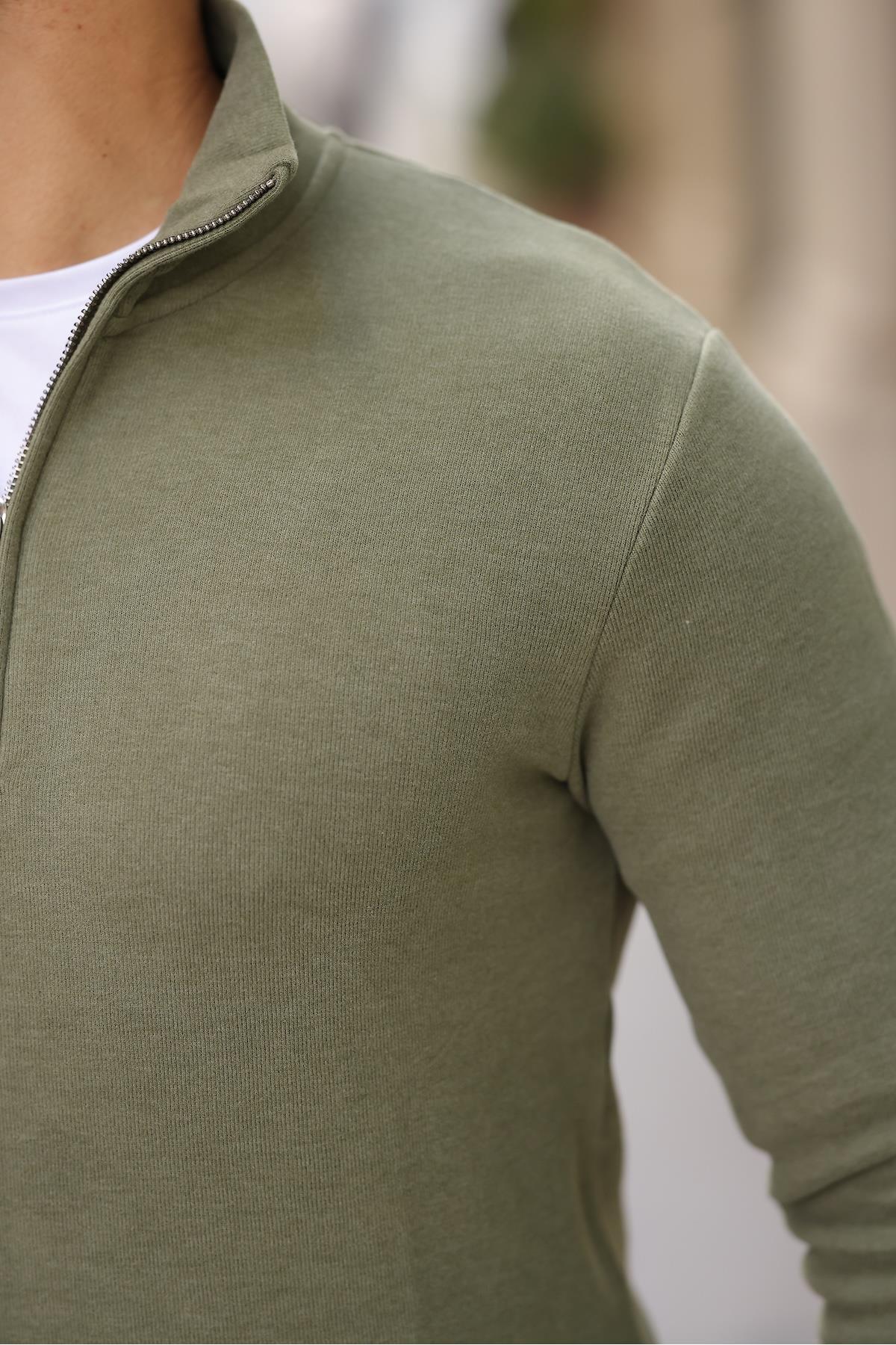 Valiberta-Thessaloniki Knitted Fabric Half Zipper Men's Sweatshirt - Khaki 2