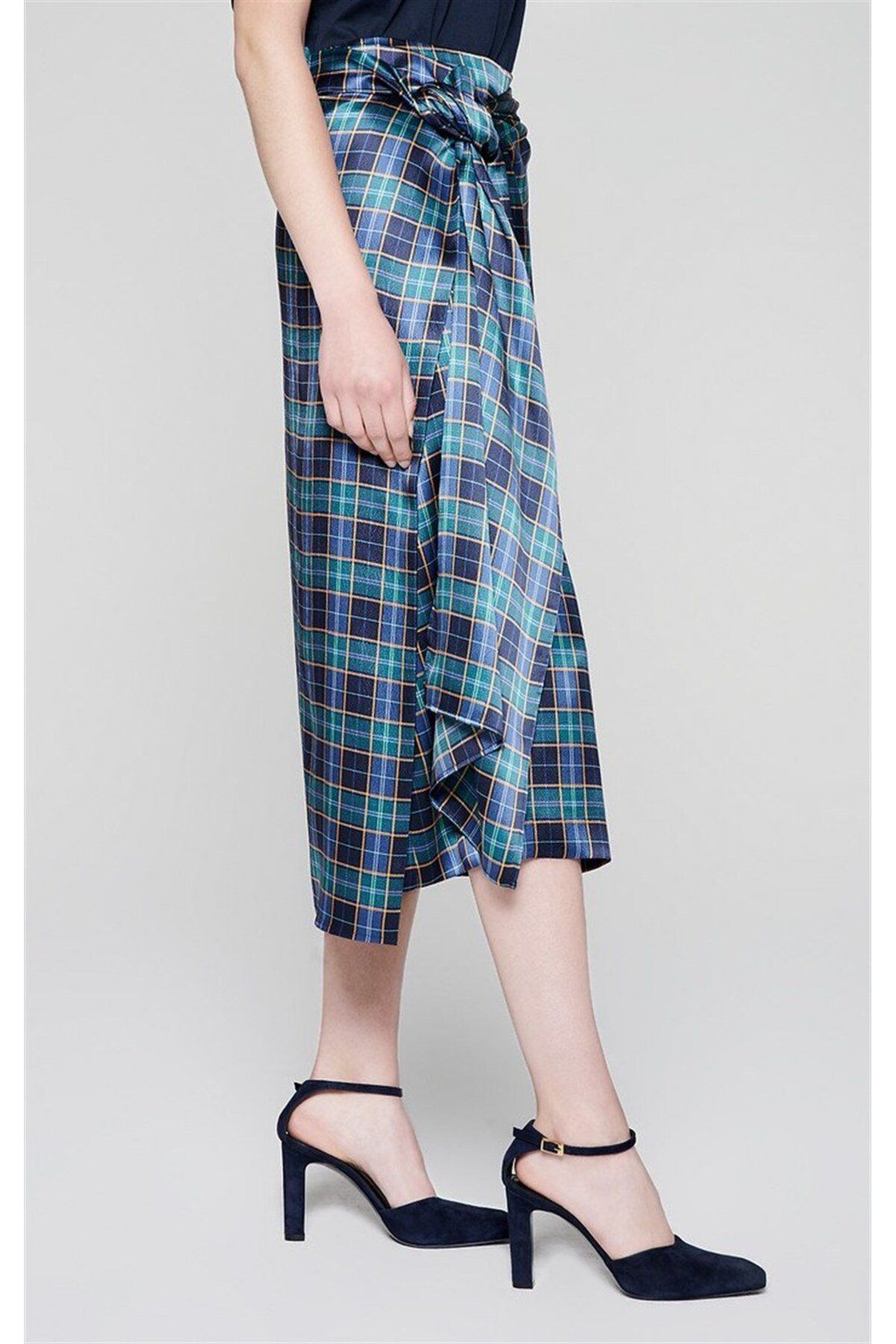 Escada-Waist Tied Square Patterned Midi Length Petrol Silk Skirt 4