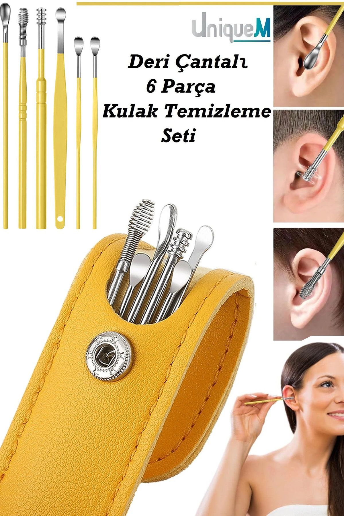 Dr. Bune Çantalı 6 Parça Sarı Çelik Kulak Temizleme Temizleyici Kulak Kiri Temizleme Seti