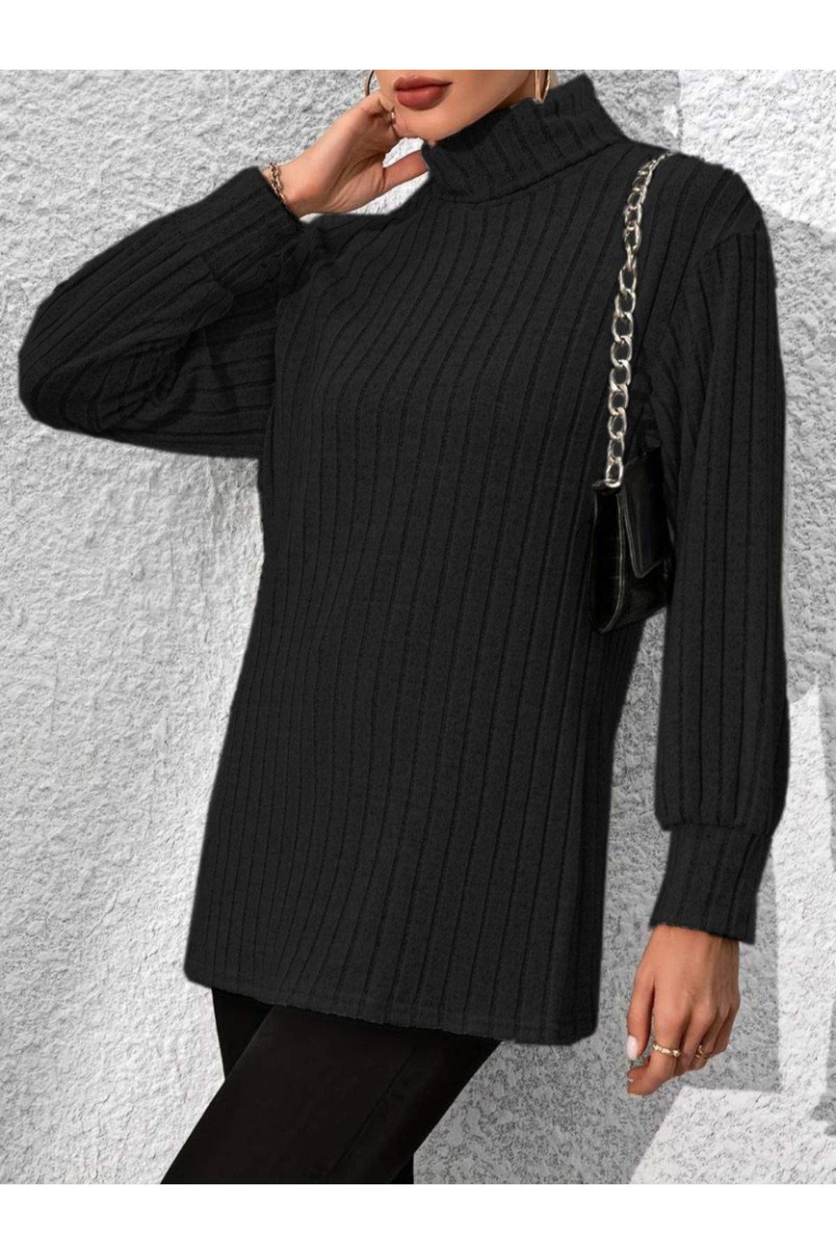 munn collection Kadın Uzun Kollu Balıkçı Yaka Yandan Yırtmaçlı şardonlu Kaşkorse Bluz