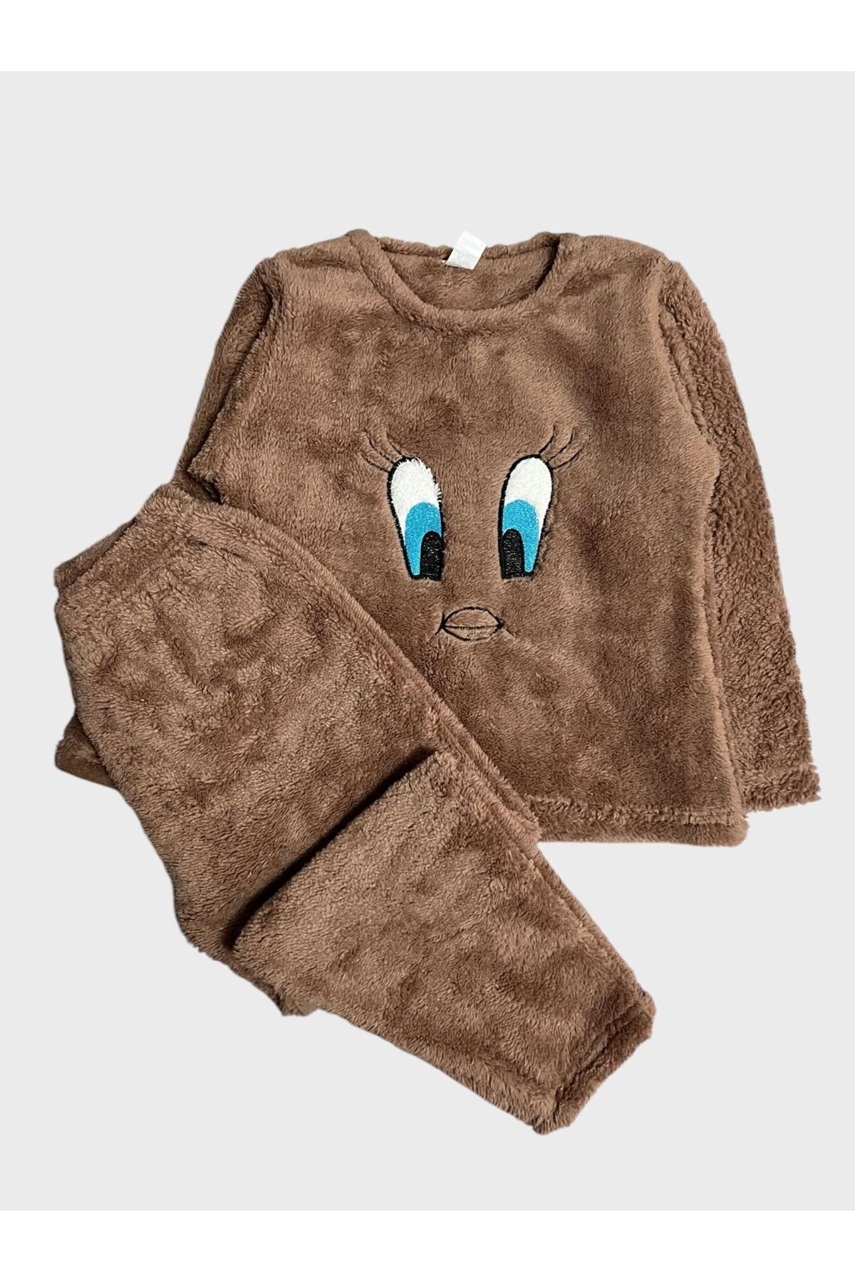 Fil Kids-Boy's Brown Tweety Eye Pattern Long Sleeve Winter Fleece Pajamas Set 1