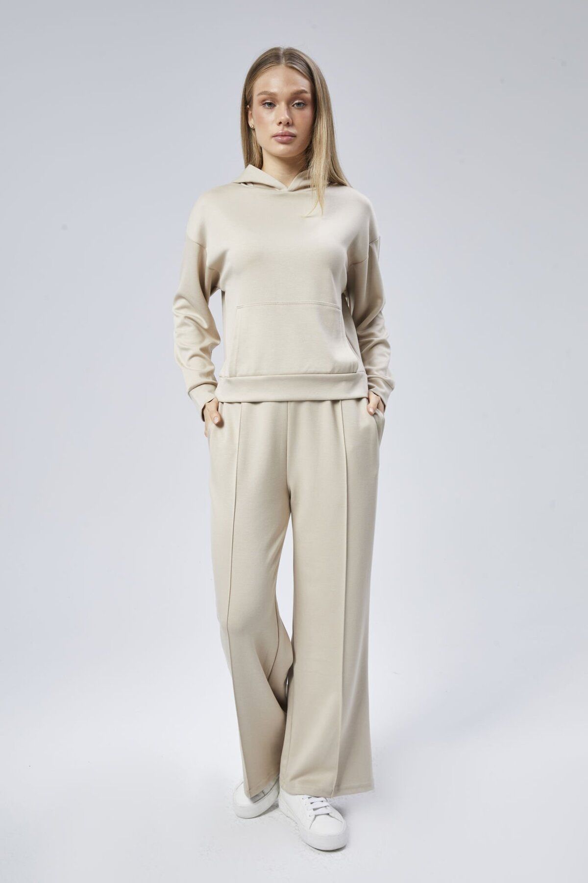 soBasic-Beige Color - Wide Leg Tracksuit Set with Modal Fabric, Kangaroo Pockets and Hood-Xl 1