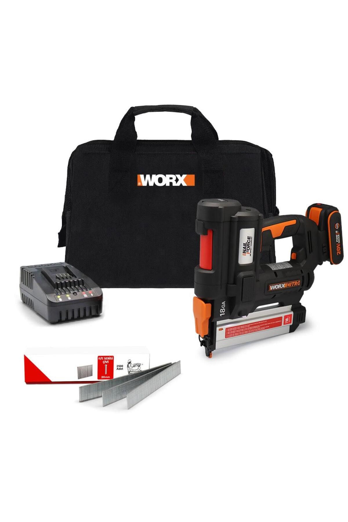 WORX Wx842 20volt/2.0ah Li-ion 15-50mm Profesyonel Şarjlı Çivi Çakma Makinesi 2700 Adet Yedek Çivi