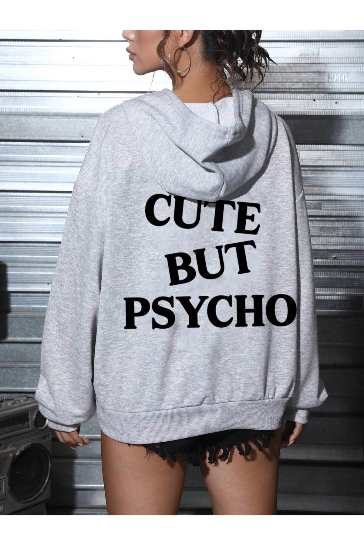 Pink Sky cute but psycho arka baskılı gri kapüşonlu sweatshirt hoodie görsel 2