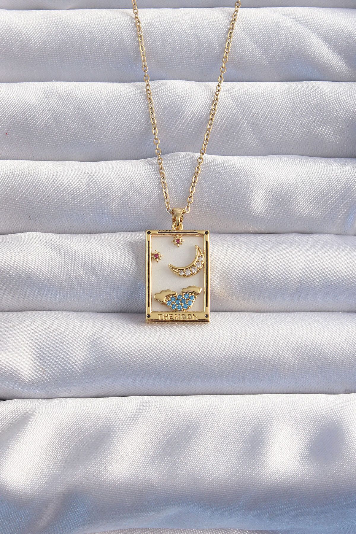 New Things 316L Çelik Zincir Gold Renk Ay Detay Mavi Zirkon Taşlı Tarot Kolye