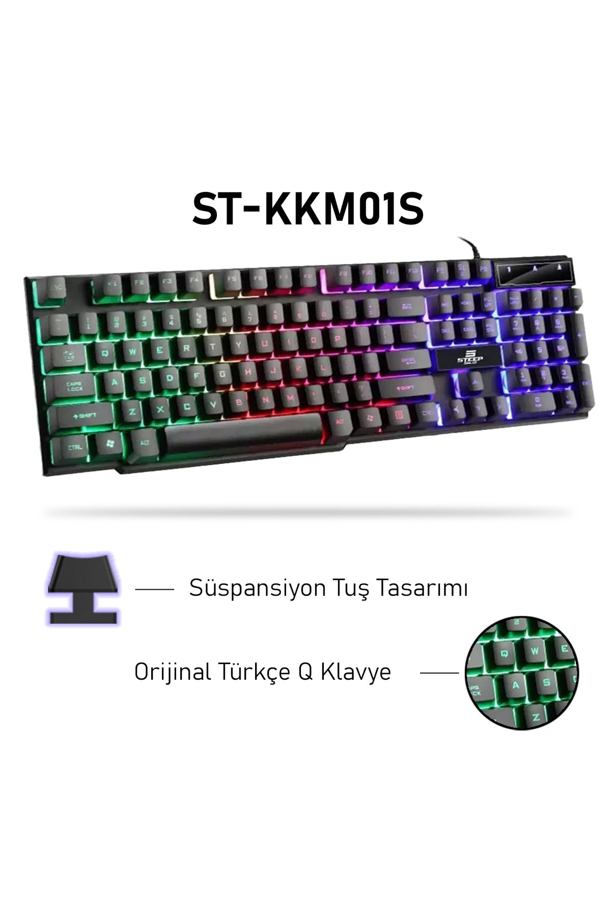 Steep Solid St-kkm01s Mekanik Hisli Kablolu Rainbow Işıklı Oyuncu Klavye - Mouse Set