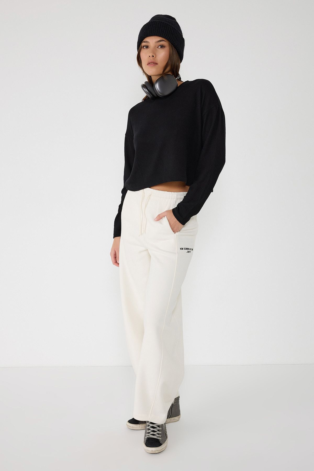 No Matter What-Ecru High-Waisted Wide Leg Sweatpants with Detailed Writing 4