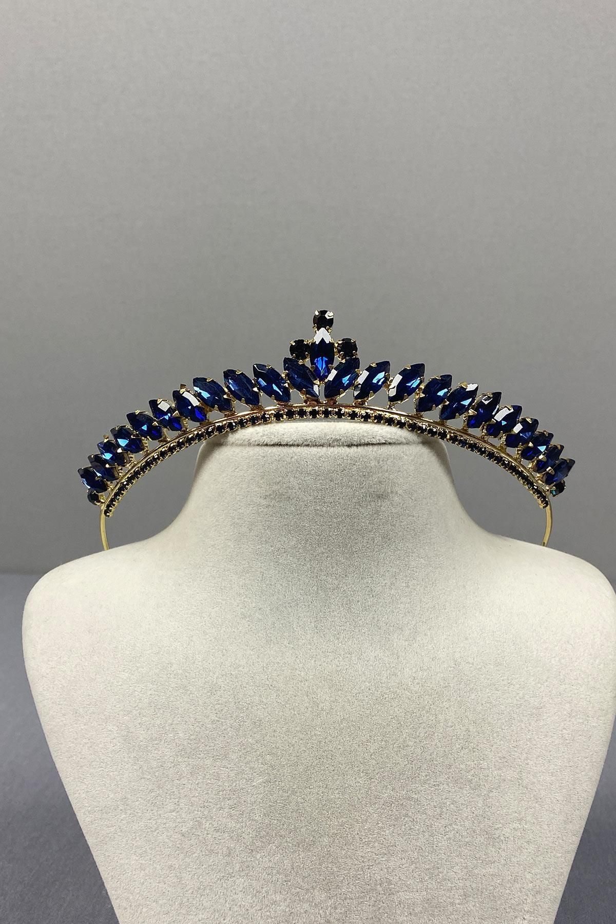 Limelia-Navy Blue Gold Ece Model Thin Bridal Crown 5