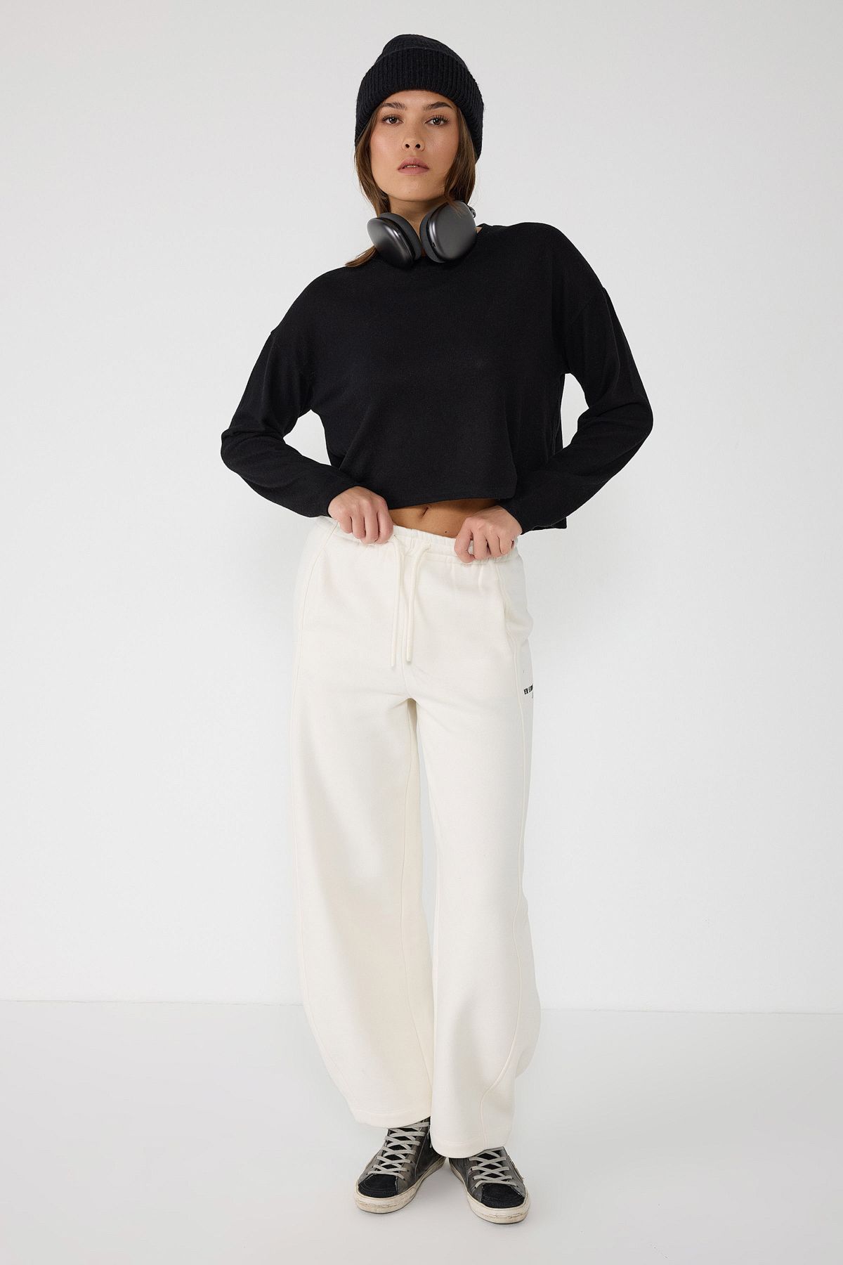 No Matter What-Ecru High-Waisted Wide Leg Sweatpants with Detailed Writing 2