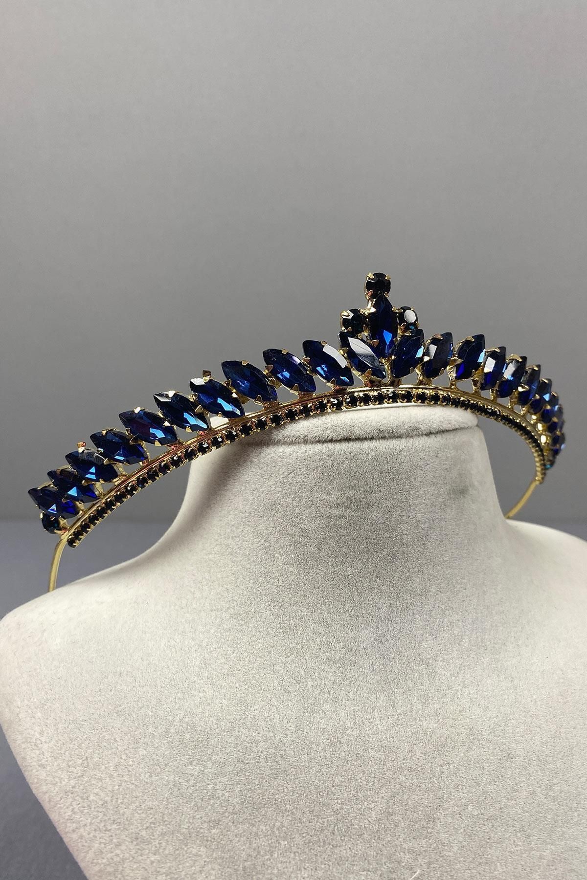 Limelia-Navy Blue Gold Ece Model Thin Bridal Crown 6