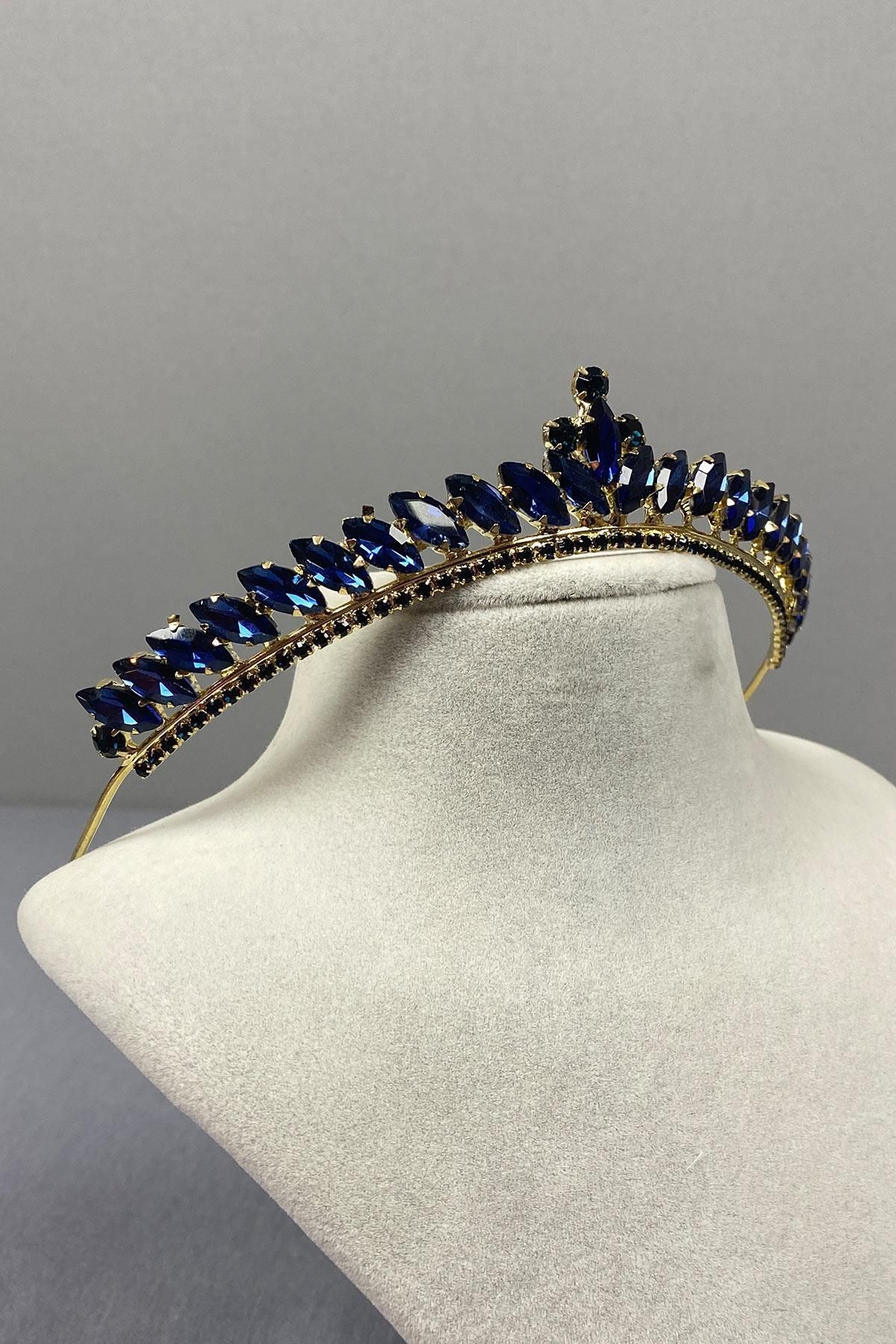 Limelia-Navy Blue Gold Ece Model Thin Bridal Crown 1