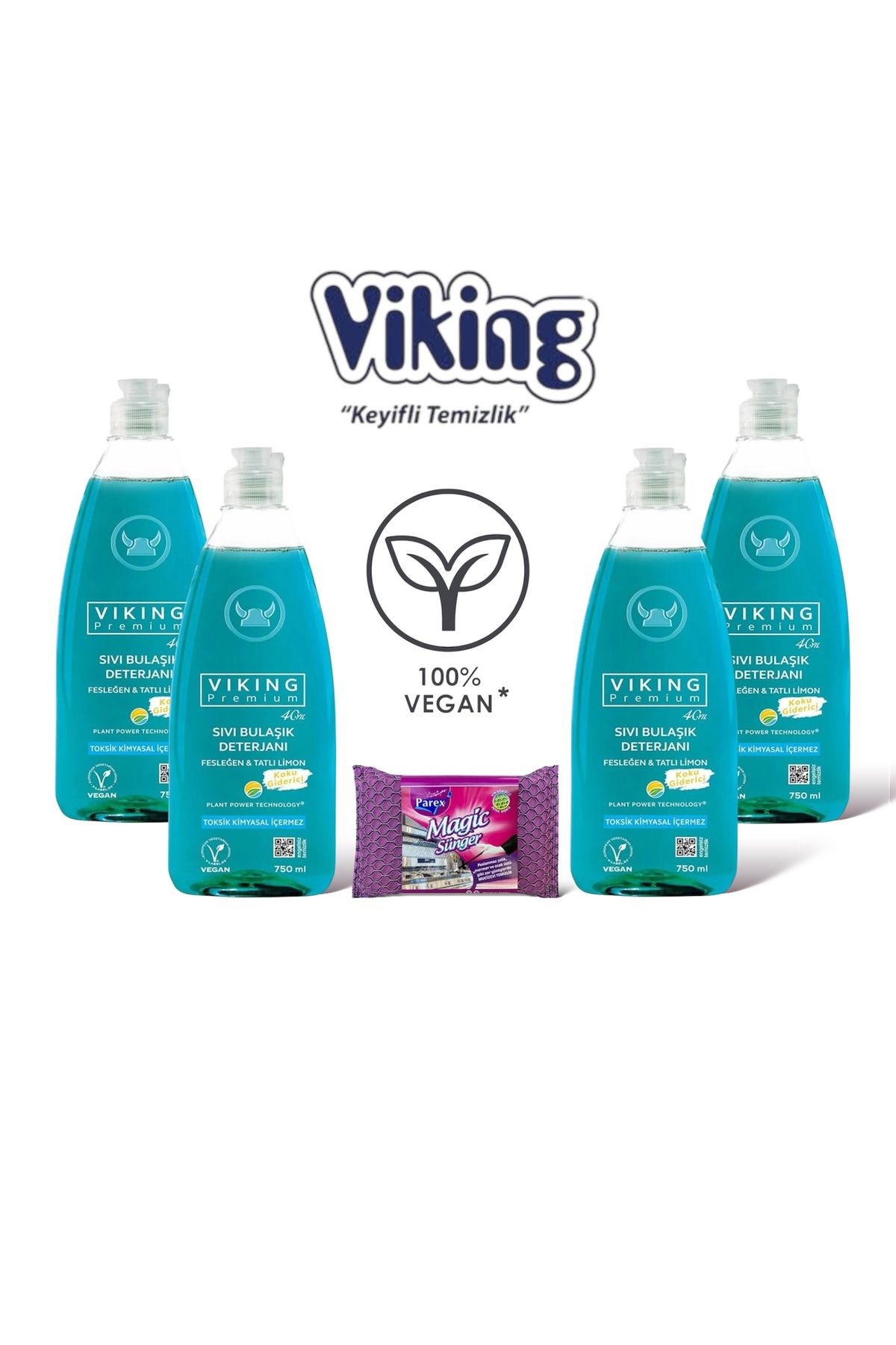 Viking Premium Bulaşık Deterjanı Fesleğen & Limon 750 ML 4 Adet + Magic Sünger