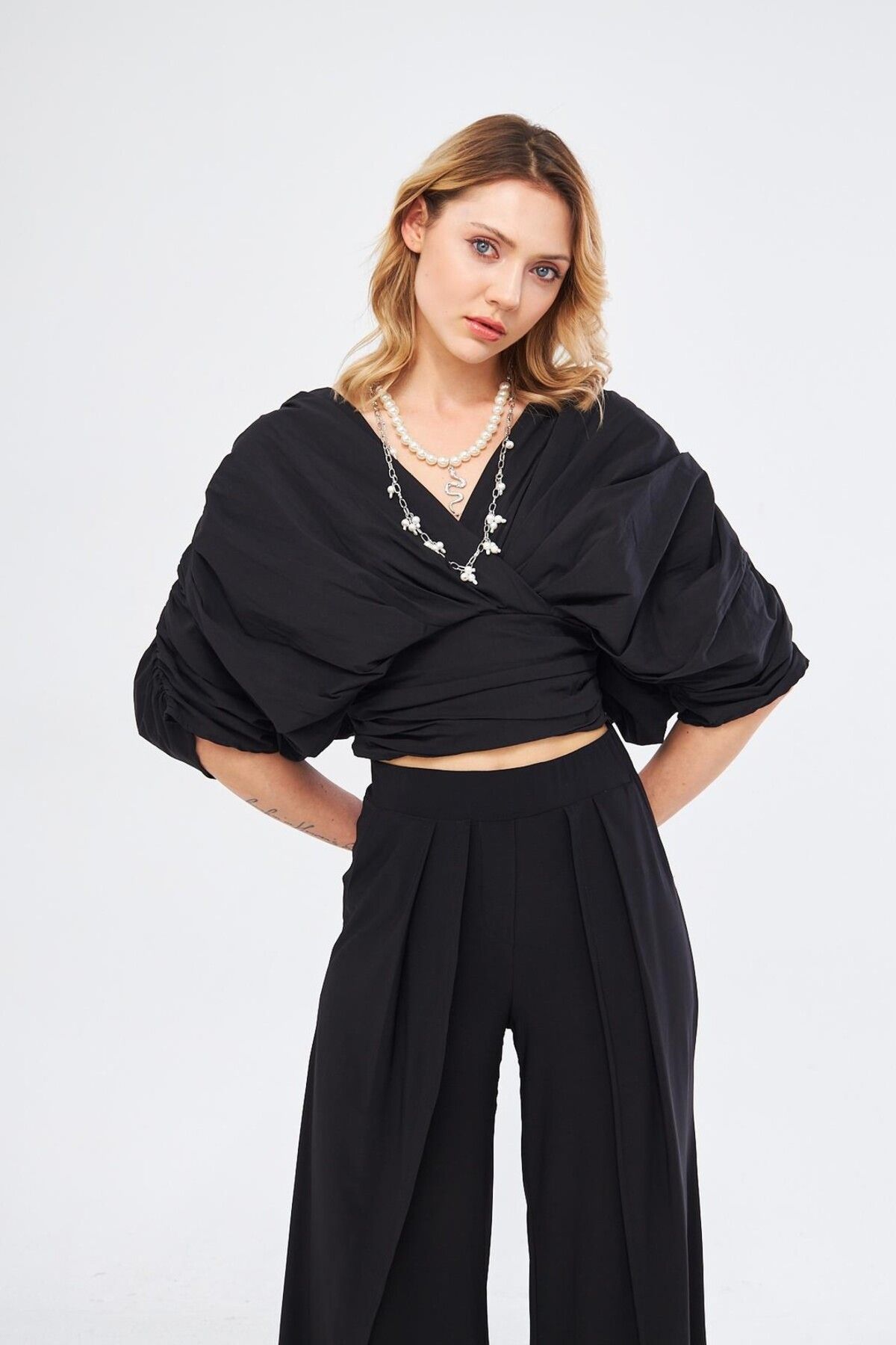 LAMANTE-Draped Cross Collar Black Blouse 5