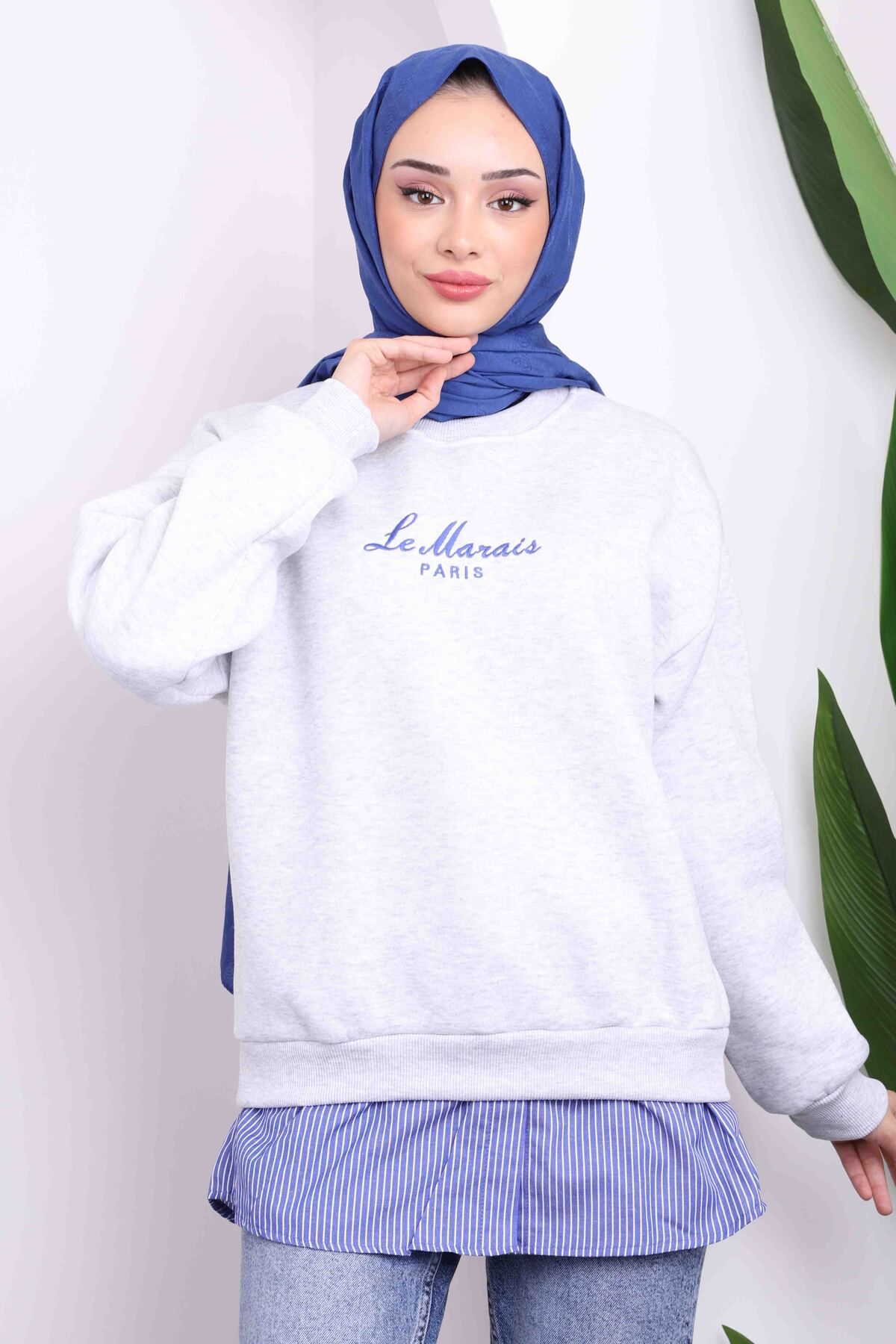 İmajButik-Gray Embroidered Three Thread Sweat 3