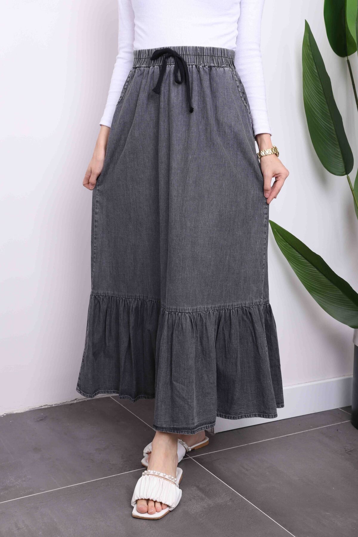 İmajButik-Anthracite Hem Layered Denim Skirt 3