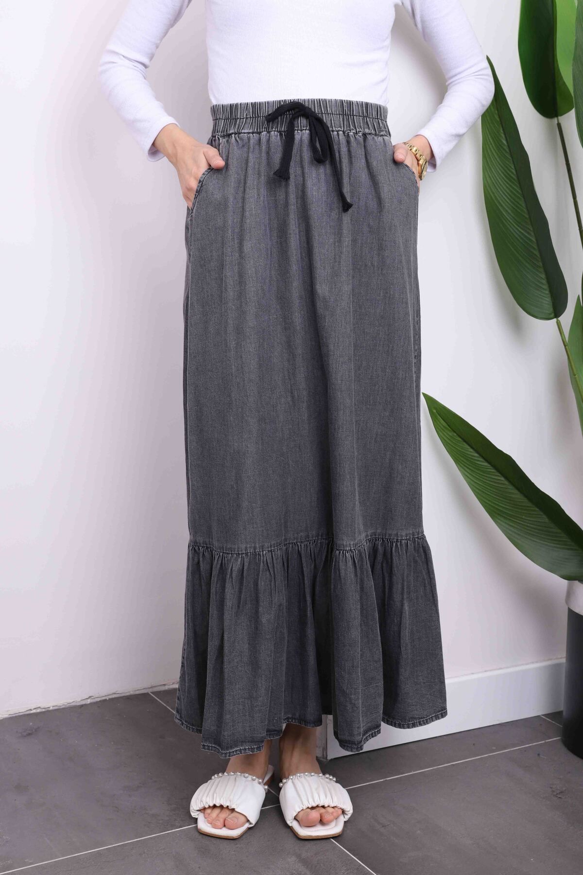 İmajButik-Anthracite Hem Layered Denim Skirt 1