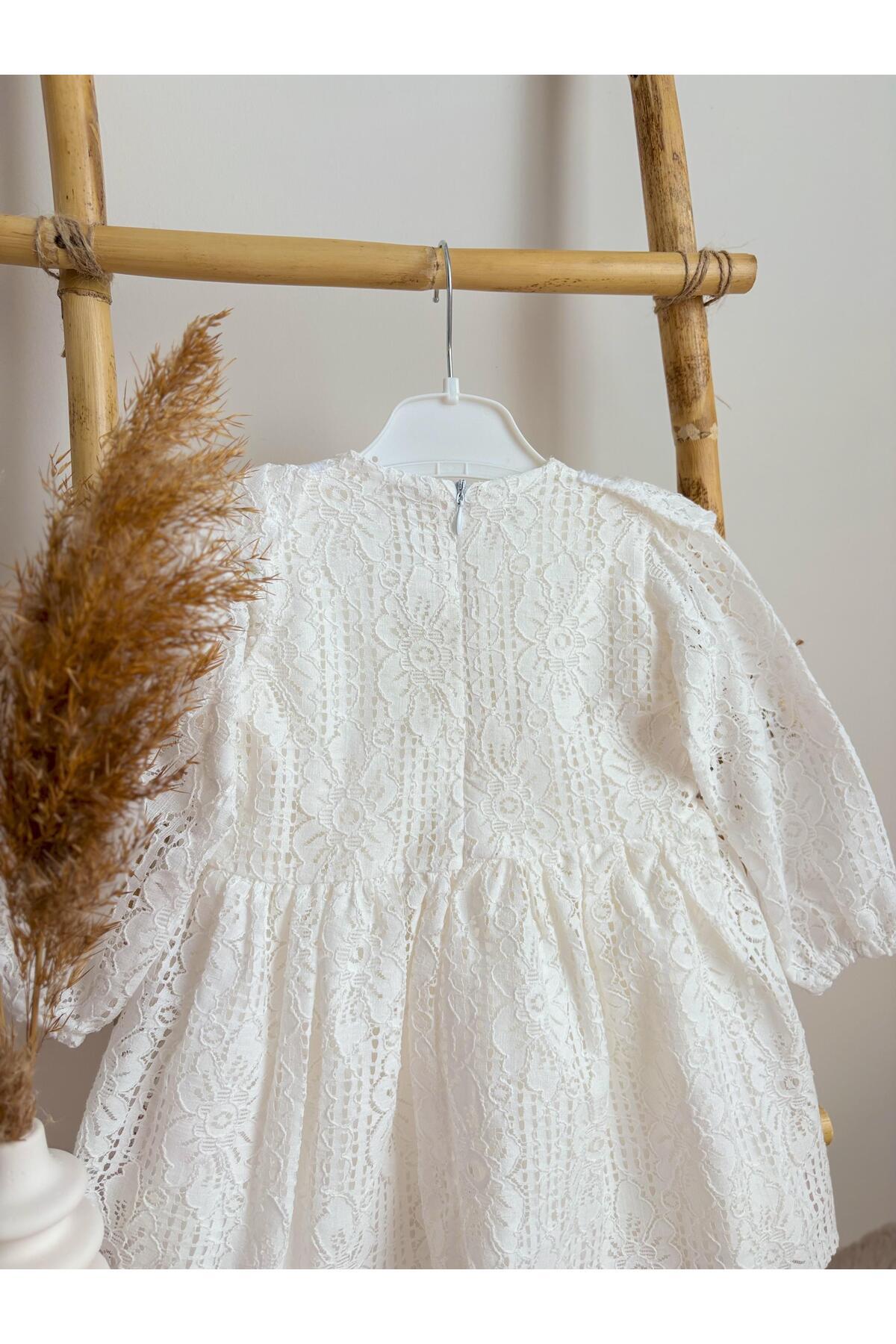 ALYRA Kız Bebek Çocuk Uzun Kollu Dantelli Fiyonklu Fırfırlı Parti Düğün Doğum Günü Bayramlık Elbise fotoğrafı 5 (önizleme)