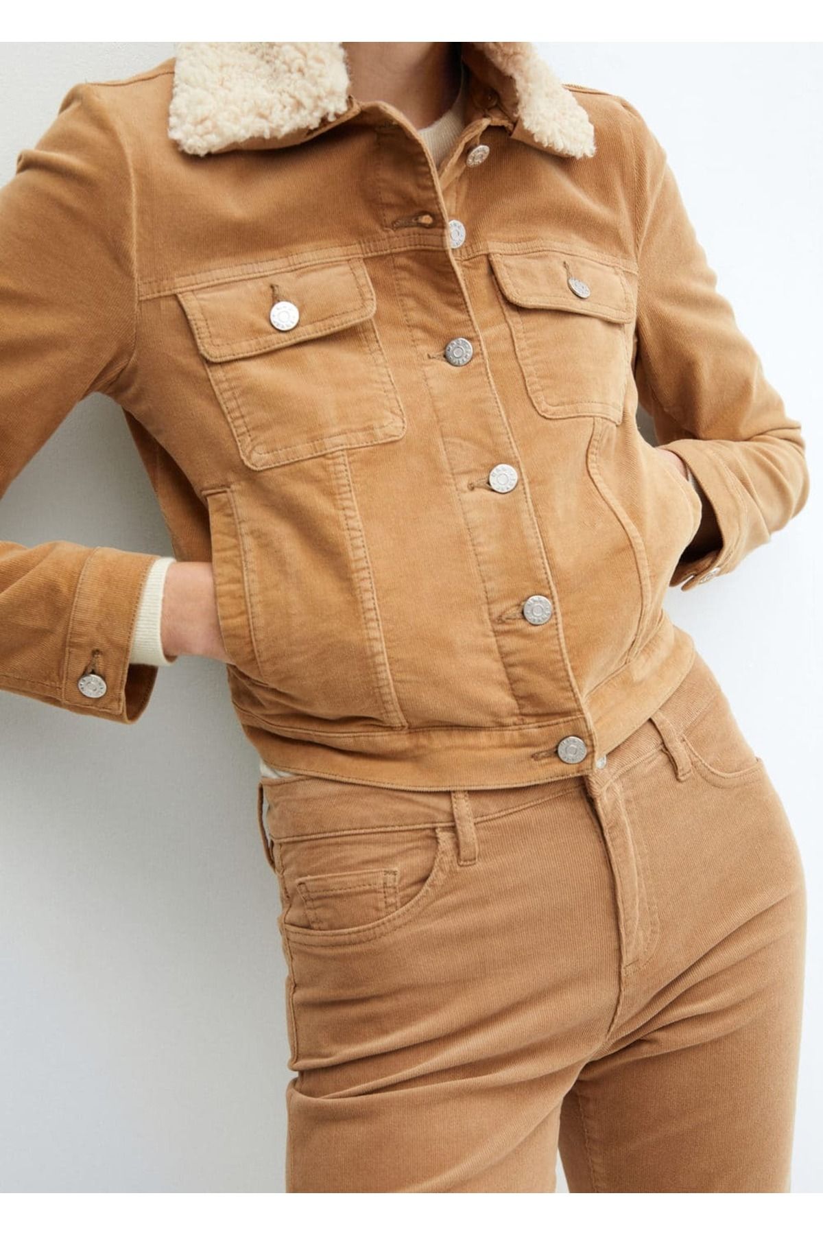 MANGO Woman-Corduroy Jacket with Fur Collar 8