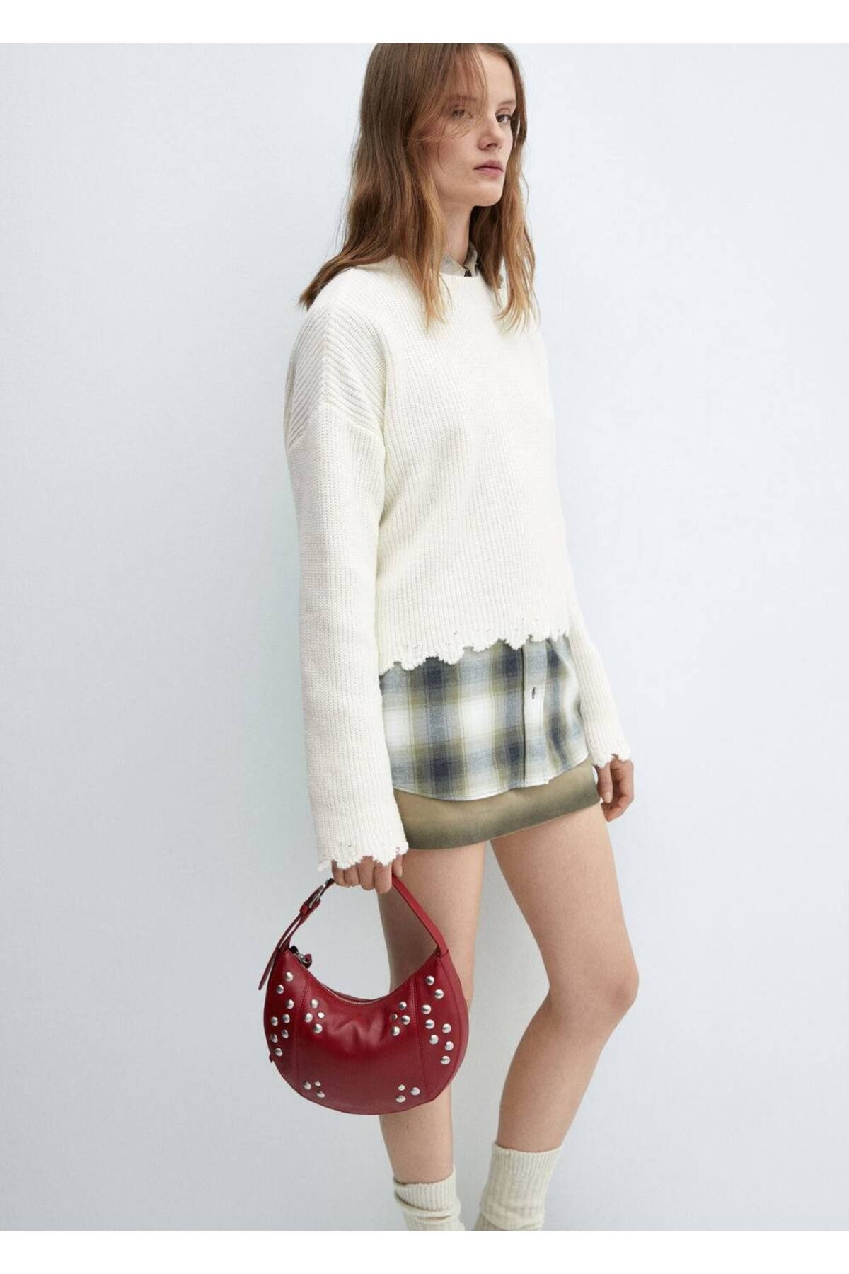 MANGO Woman-Round Neck Cotton Linen Knitwear Sweater 5