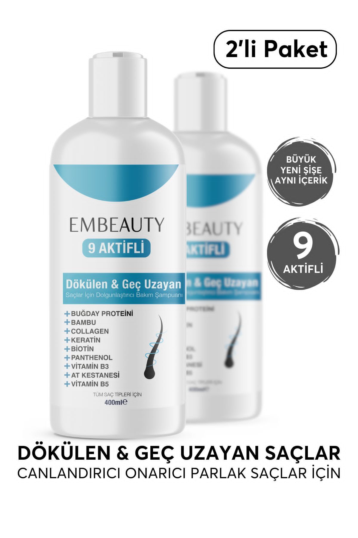 Embeauty Kolajen Ve Keratin Saç Dökülmesine Karşı Hızlı Sac Uzatan Dolgunlaştırıcı Besleyici Şampuan 2li Set