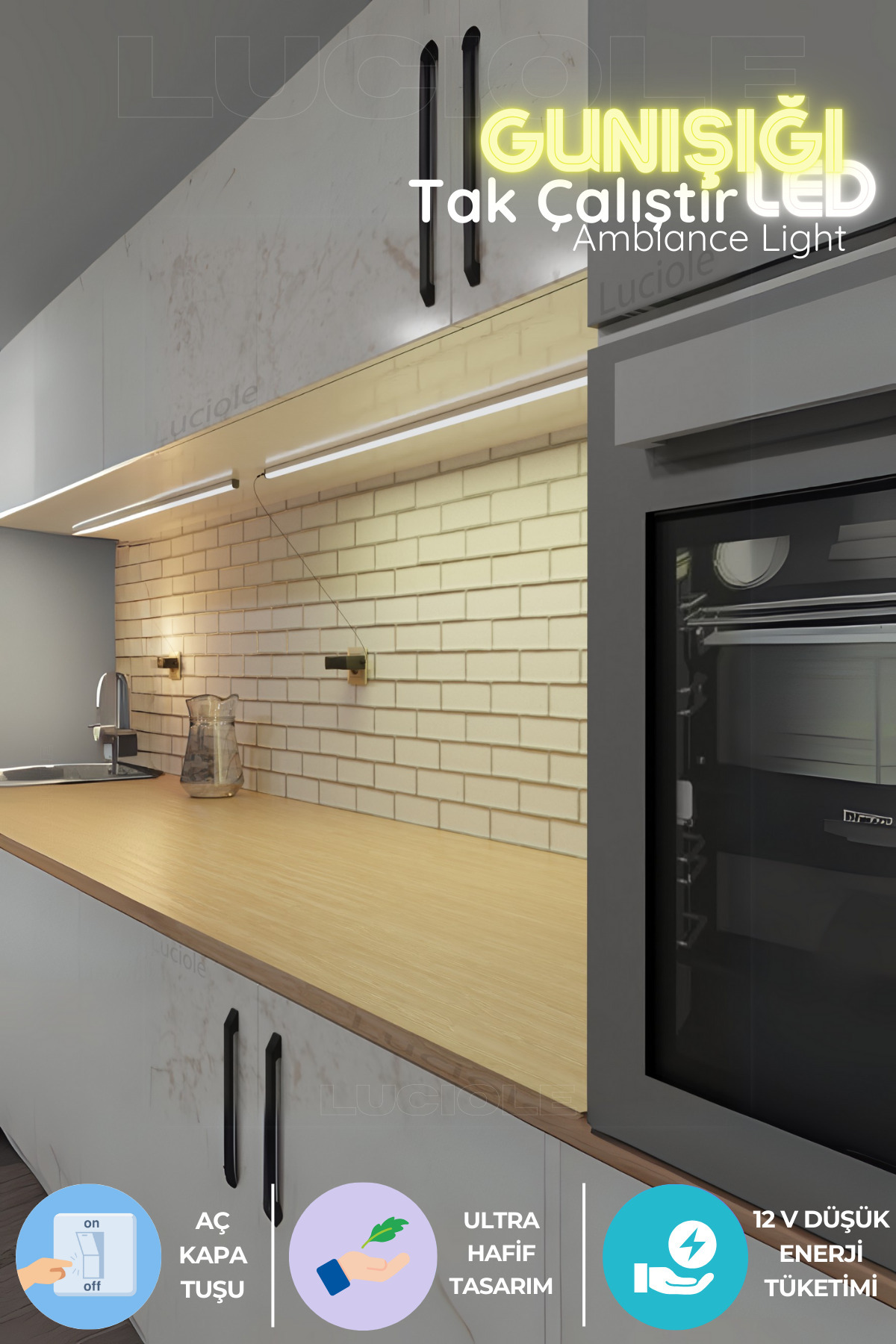 luciole Mutfak tezgah altı  led ışık bar  aç kapa günışığı yapışkanlı 1 metre - lambader gun4