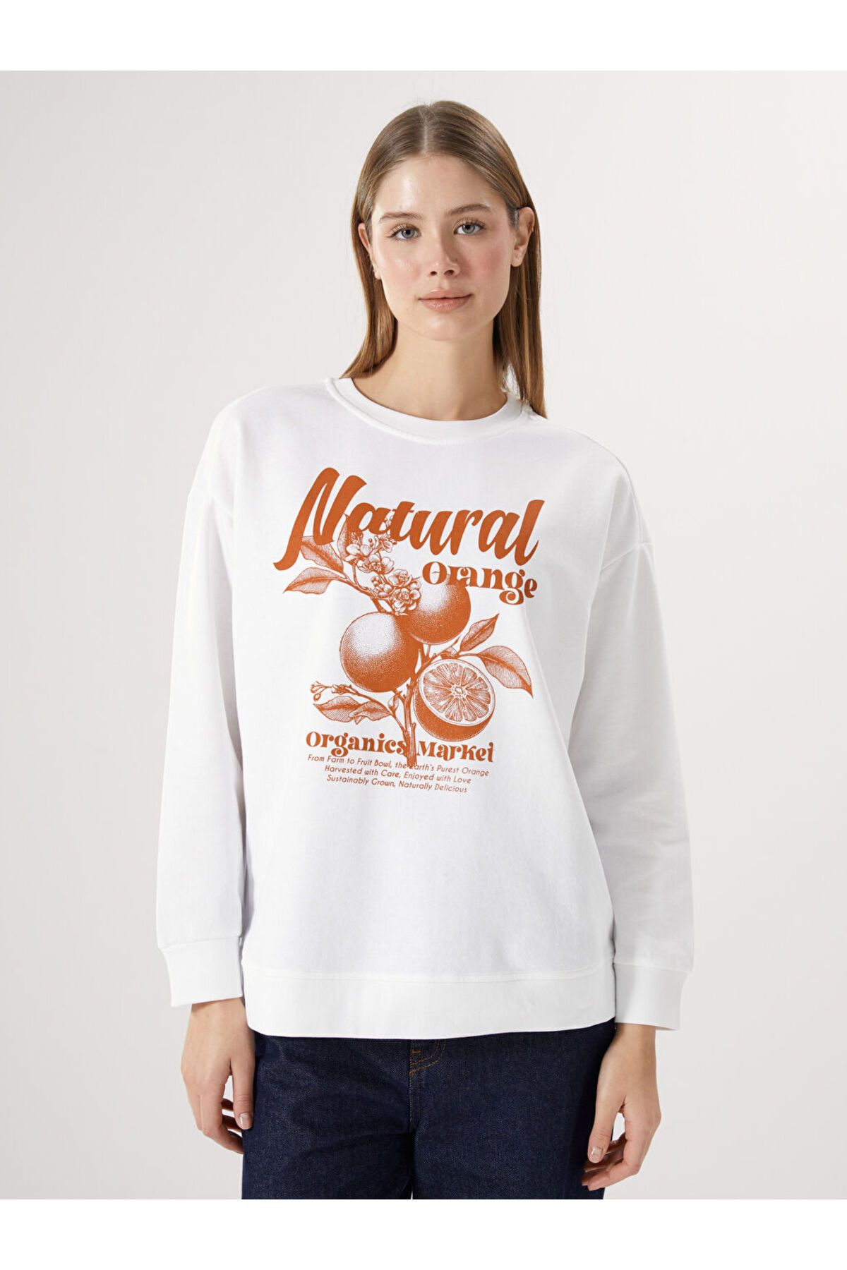 LC Waikiki Bisiklet Yaka Baskılı Oversize Kadın Sweatshirt