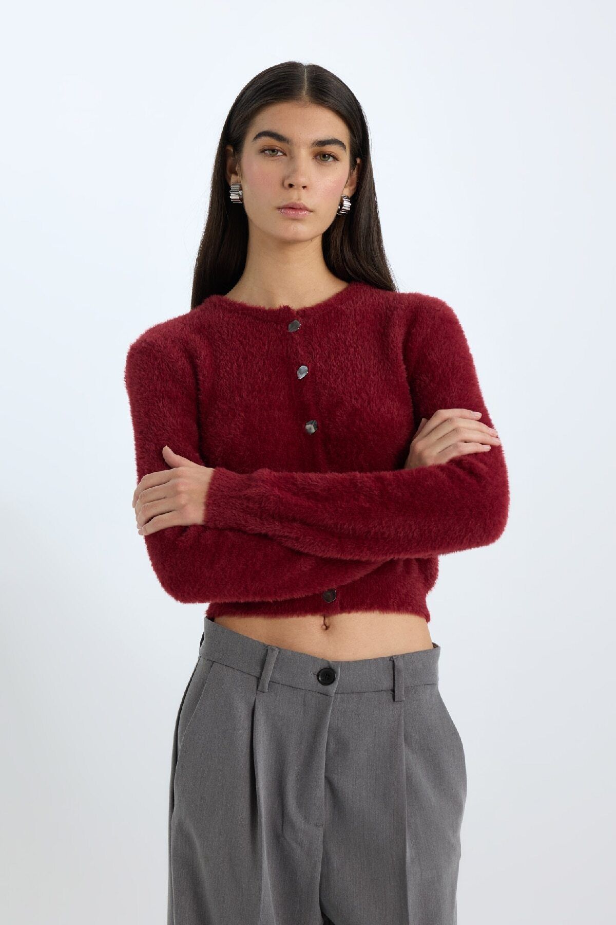 لباس بافتنی دفاکتو Regular Fit Crew یقه دکمه دار Claret Red Cardigan E2428AX24WN