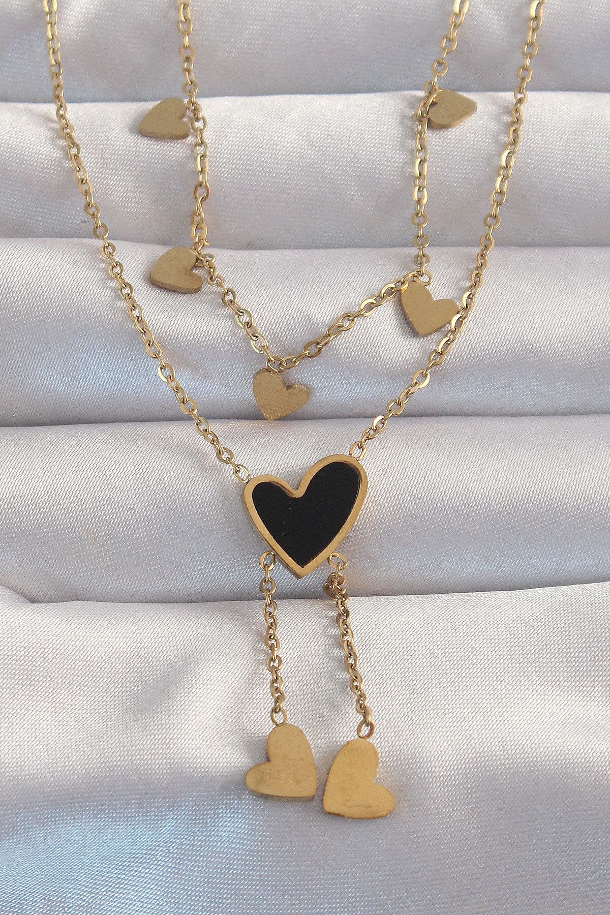 New Things 316L Çelik Gold Renk Mineli Çoklu Kalp Kolye