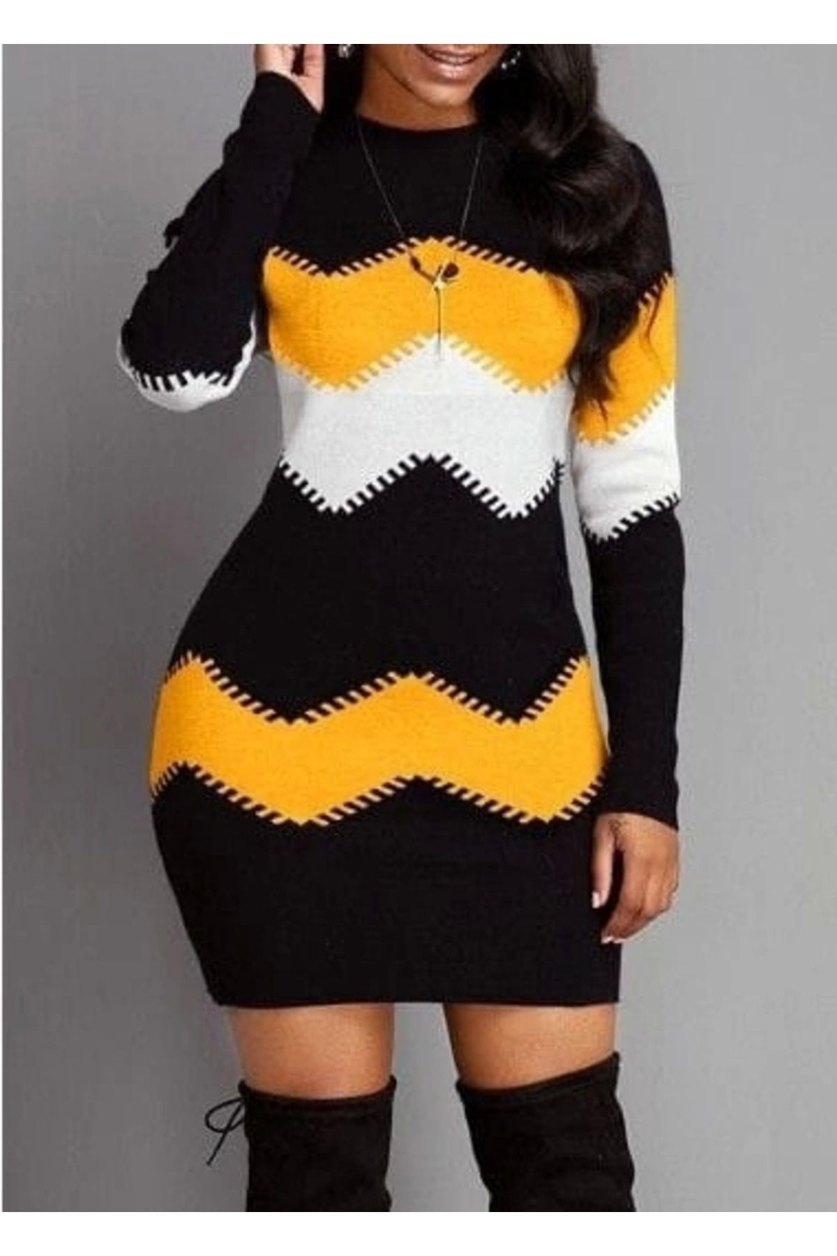 Bengü Accessories-Women's Long Sleeve Crew Neck Knitwear Dress 3