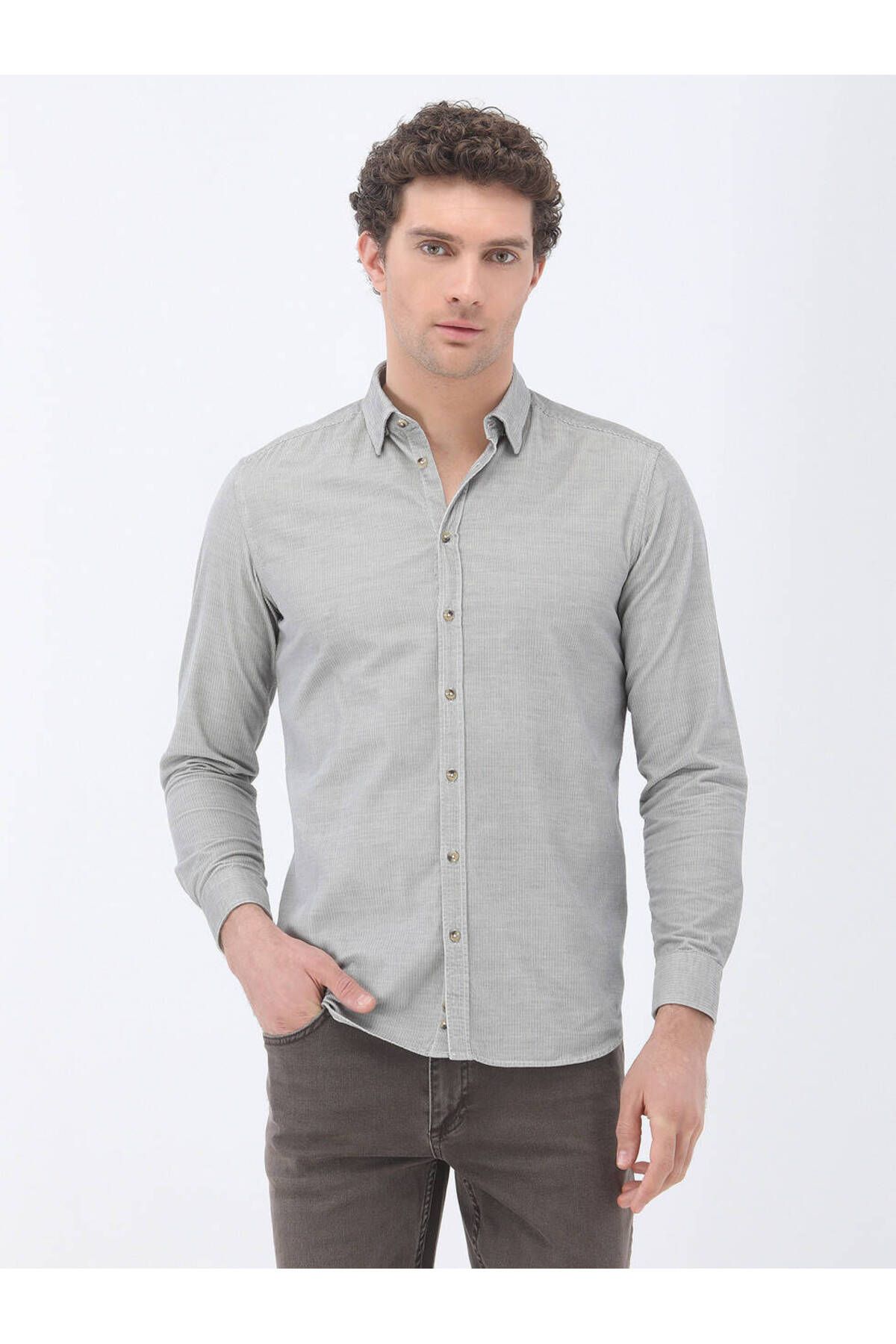 Kip-Gray Corduroy Regular Fit Woven Velvet Casual 100% Cotton Shirt 1