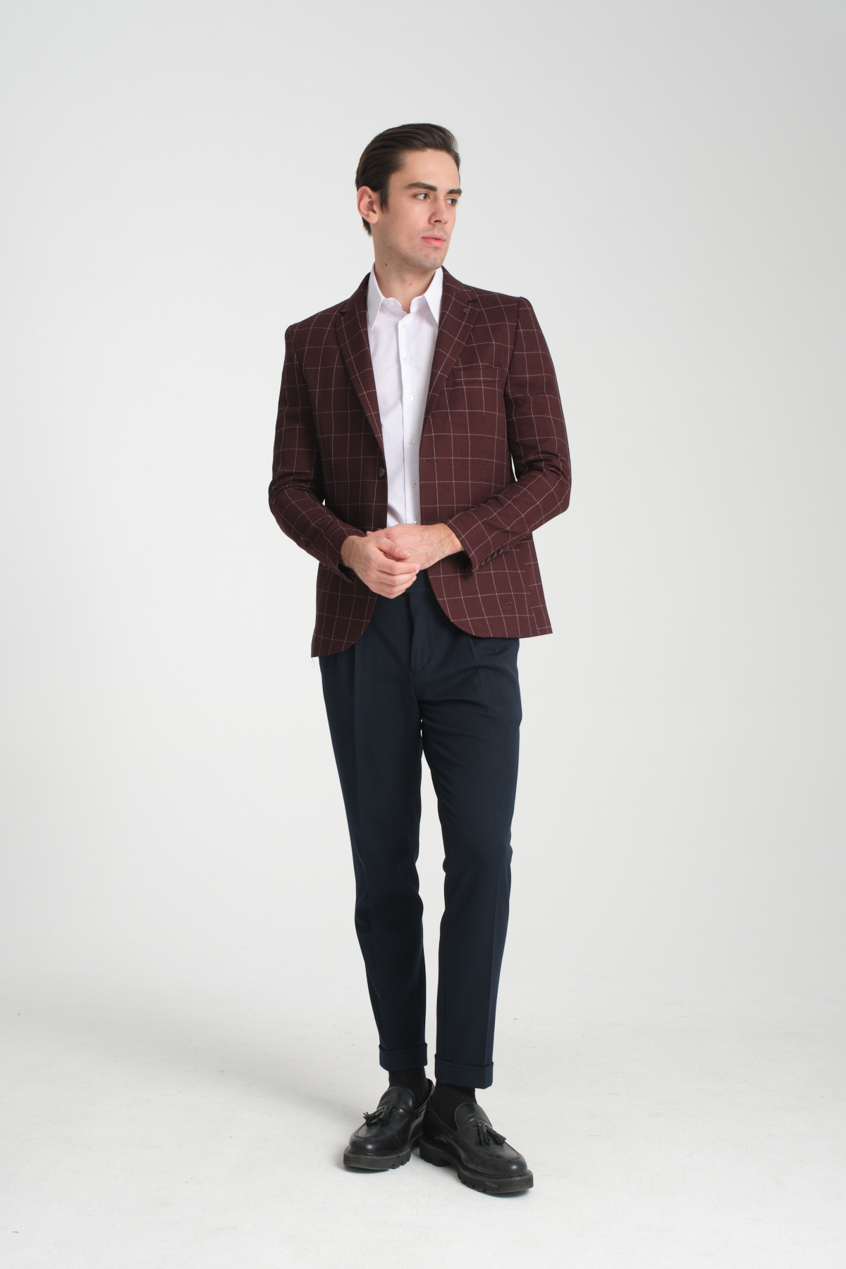 Frappoli  Paride Erkek Bordo Ekose Slim Fit Mono Yaka Spor Blazer Ceket - Görsel 3