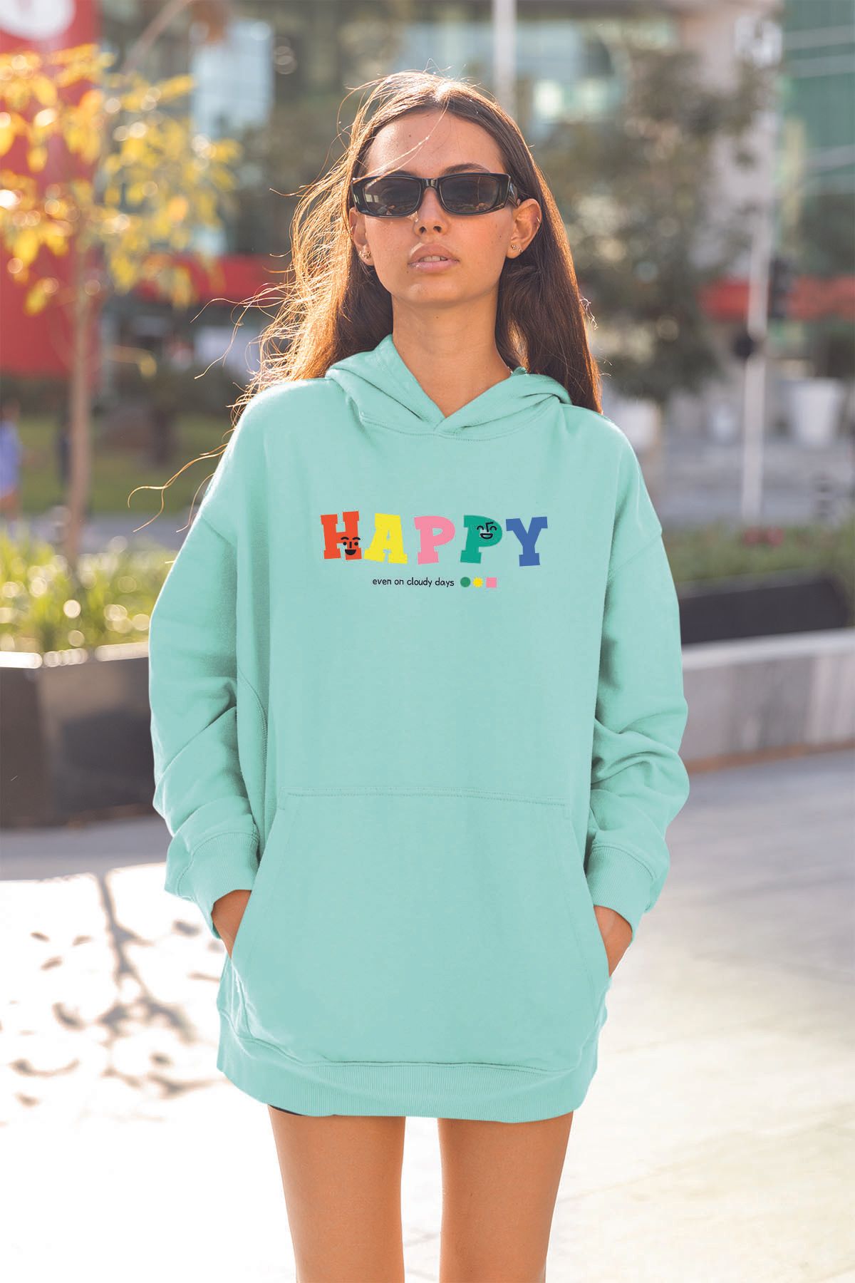 ADABEBEK Happy Baskılı Kadın Kapşonlu Yaka Sweatshirt 22901