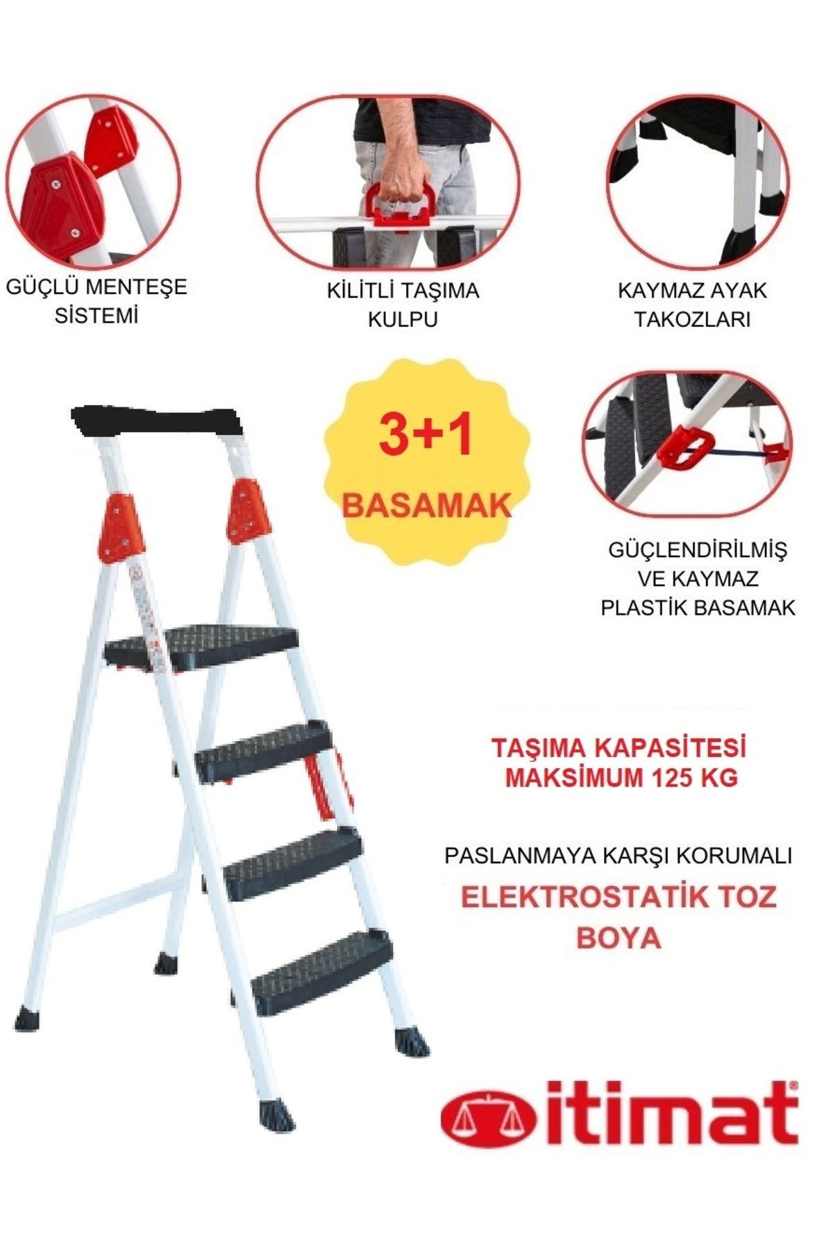 İtimat Extreme Kaliteli 3+1 Plastik Basamaklı Merdiven Hafif, Kolay Taşınabilir Ev Tipi, İş yerine Uygun