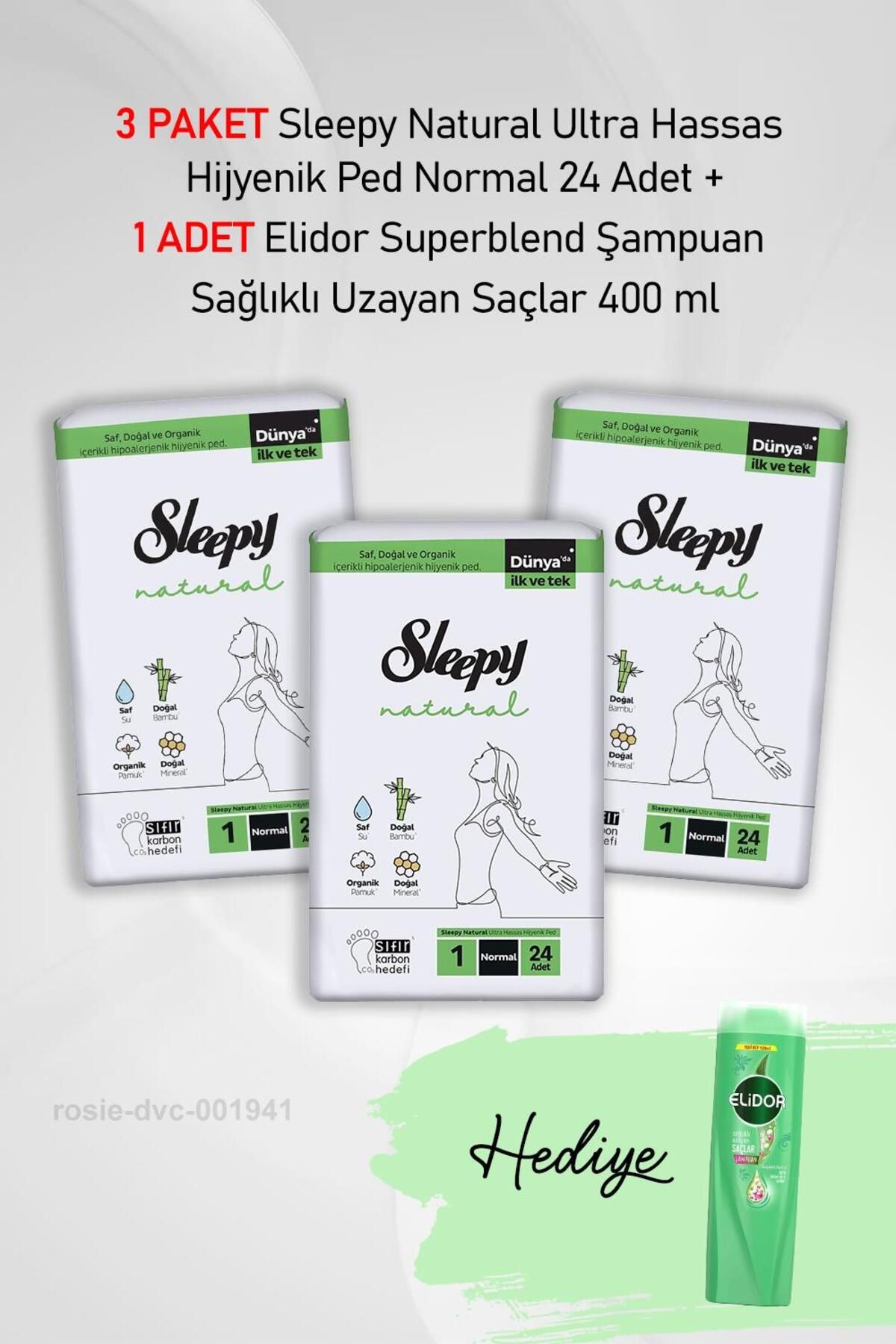 Sleepy Natural Hijyenik Ped Normal 24 Adet X3 ve Hediye Elidor Sağlıklı Uzayan Saçlar 400 ml