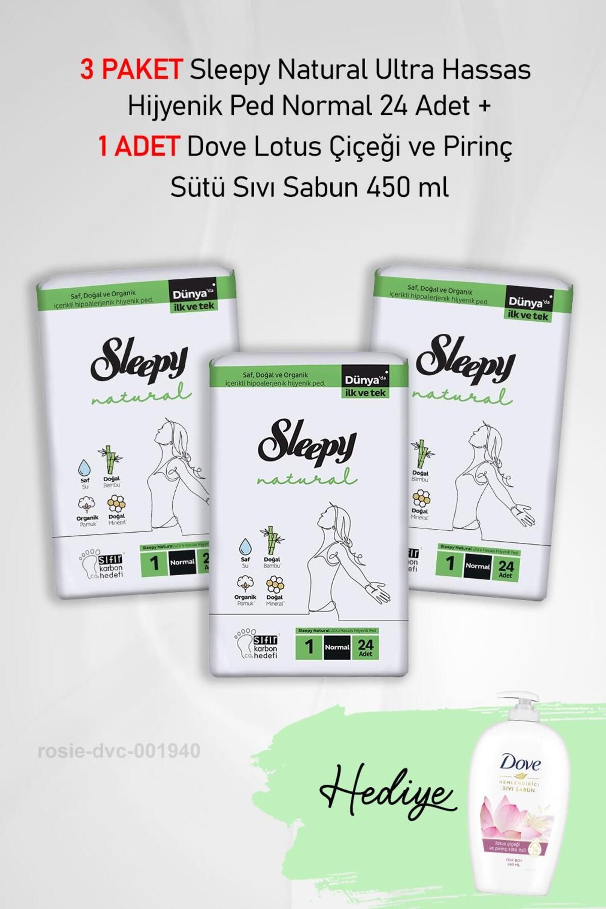 Sleepy Natural Hijyenik Ped Normal 24 Adet X3 ve Hediye Dove Sıvı Sabun 450 ml