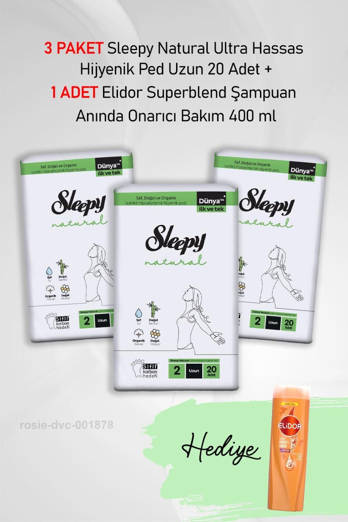 Sleepy Natural Ultra Hassas Hijyenik Ped Uzun 20 Adet X3 ve Elidor Şampuan Anında Onarıcı Bakım 400