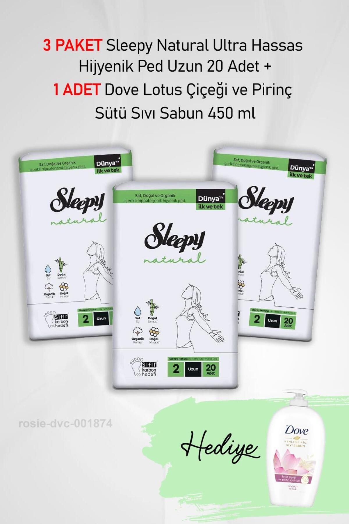 Sleepy Natural Ultra Hassas Hijyenik Ped Uzun 20 Adet X3 ve Dove Sıvı Sabun 450 ml