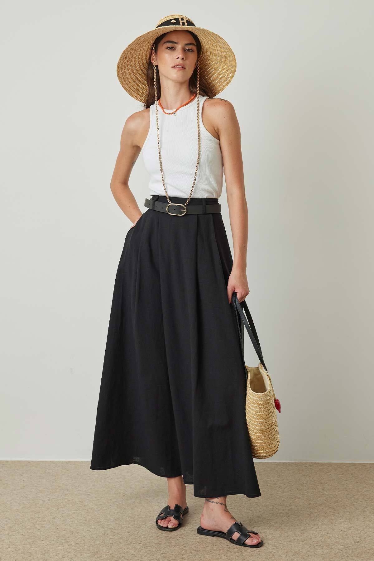 Hooopstore-Black Linen Pleated Skirt 5