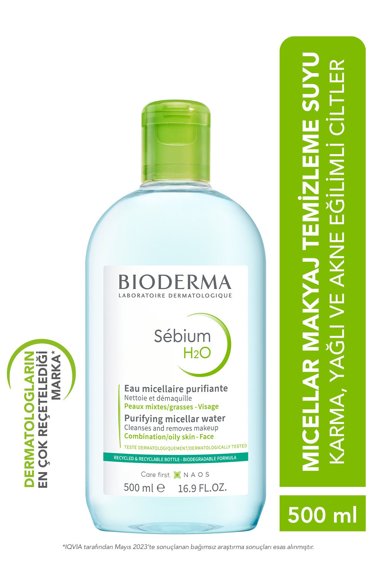 Bioderma Sebium H2O Karma, Yağlı ve Akne Eğilimli Ciltler için Micellar Makyaj Temizleme Suyu 500 ml