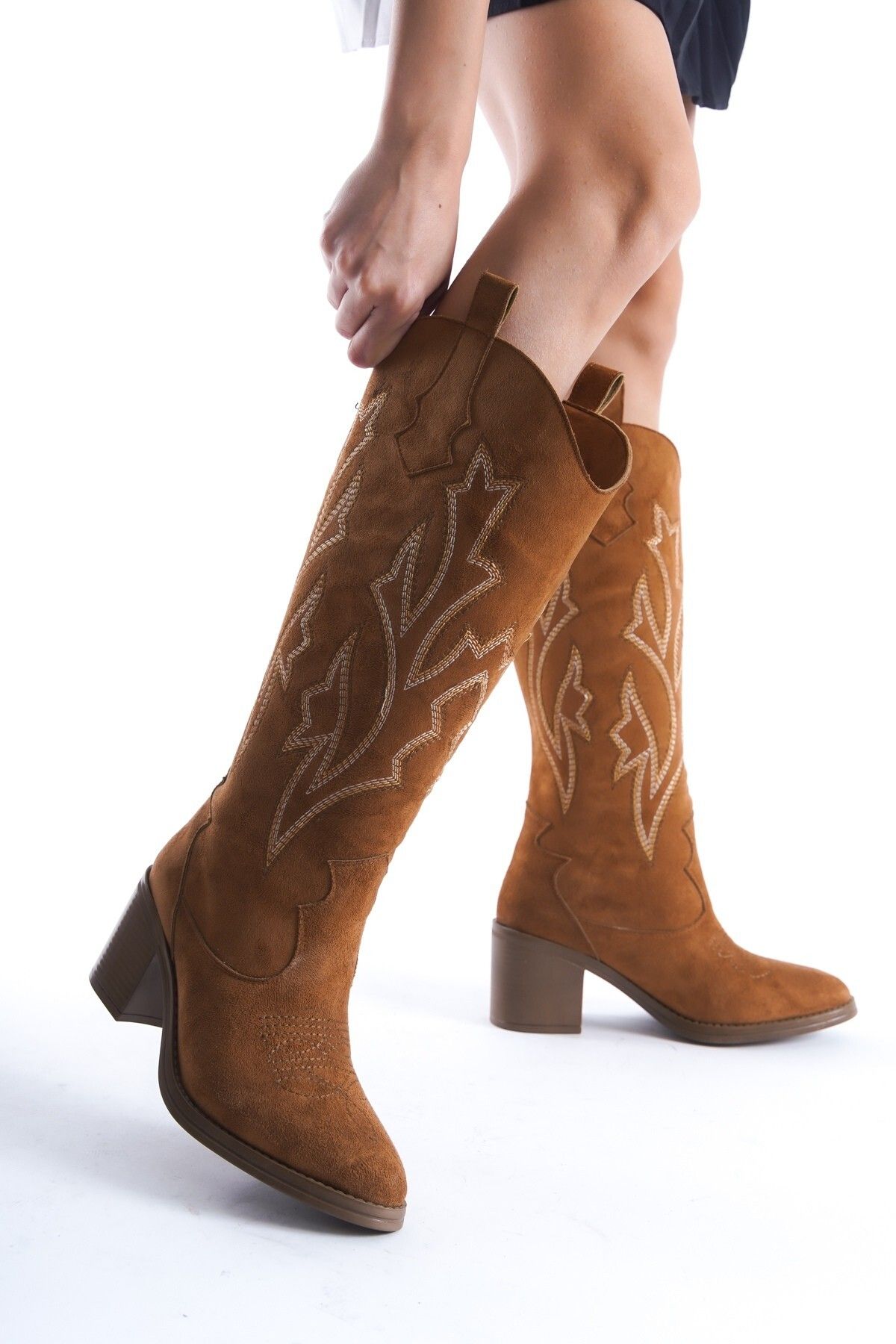 Modabuymus-Cazal Tan Suede Heeled Boots Embroidered Western Boots 3