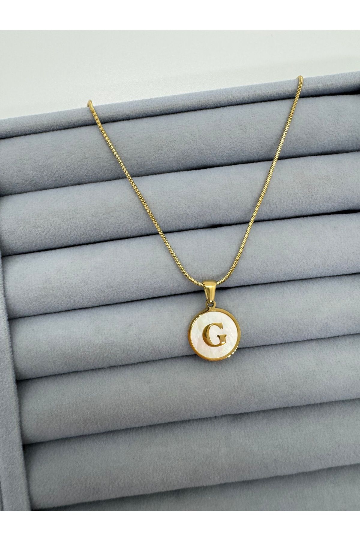 SEZİNİN TAKI DÜKKANI-G Letter Embroidered Necklace on Steel Mother of Pearl 1